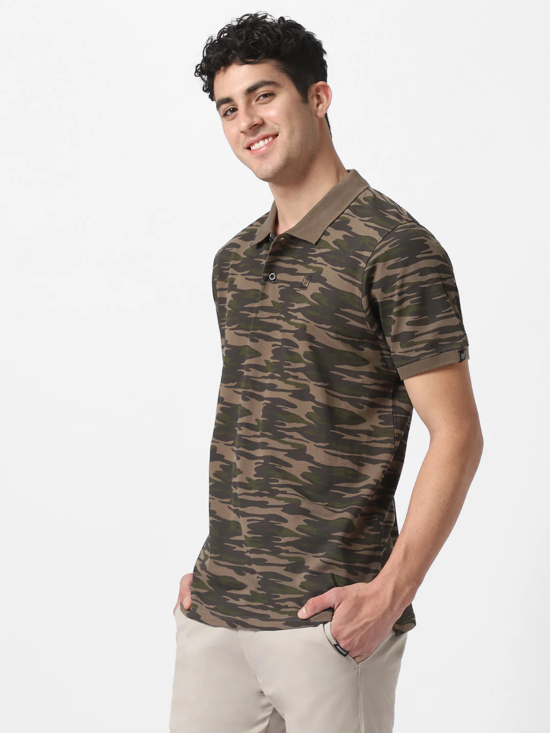 Men's Green, Dark Green Military Camouflage Printed Slim Fit Cotton Polo T-Shirt - Image 3