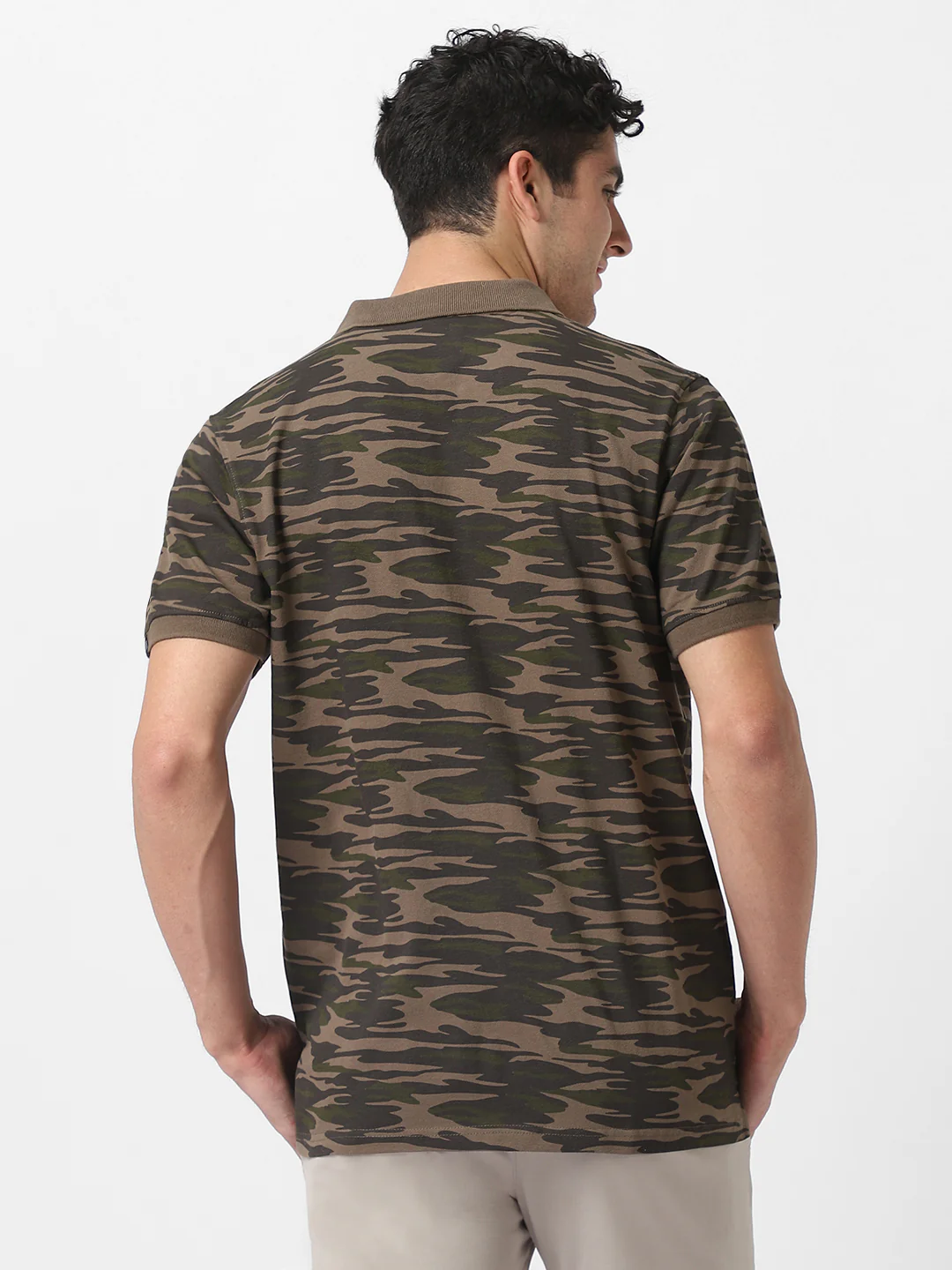 Men's Green, Dark Green Military Camouflage Printed Slim Fit Cotton Polo T-Shirt - Image 4