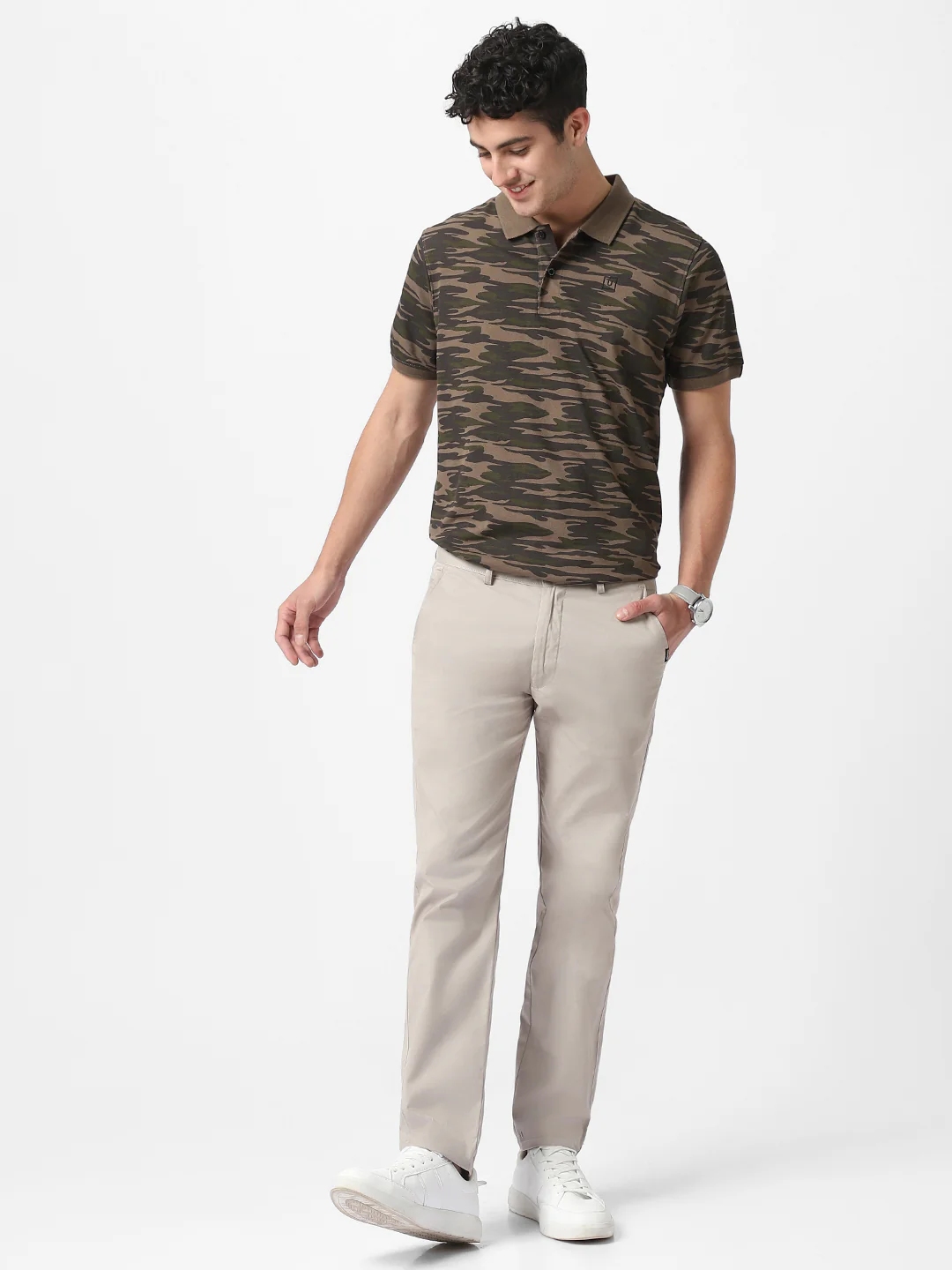 Men's Green, Dark Green Military Camouflage Printed Slim Fit Cotton Polo T-Shirt - Image 5
