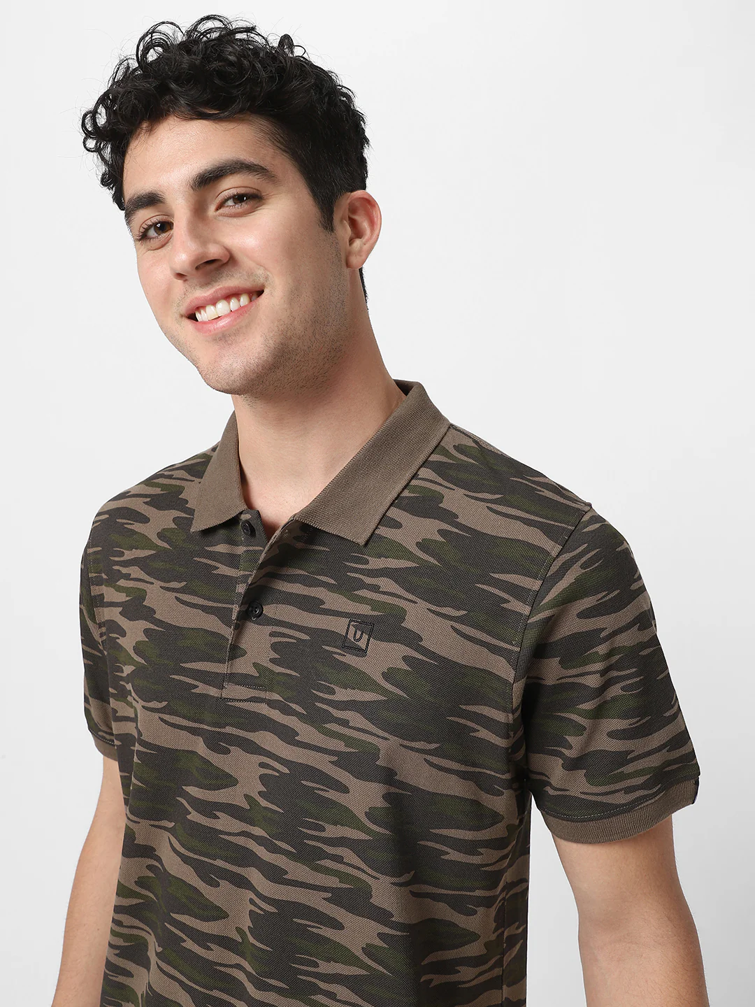 Men's Green, Dark Green Military Camouflage Printed Slim Fit Cotton Polo T-Shirt - Image 6