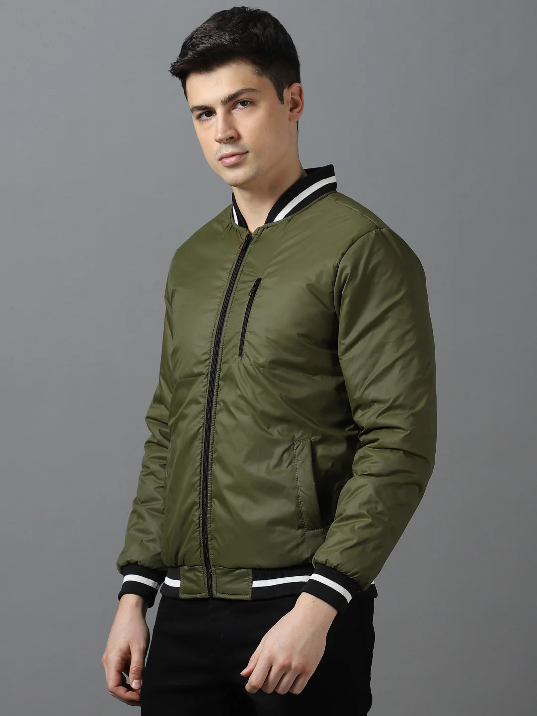 Men's Green Full Sleeve Zippered Bomber Jacket - Image 2