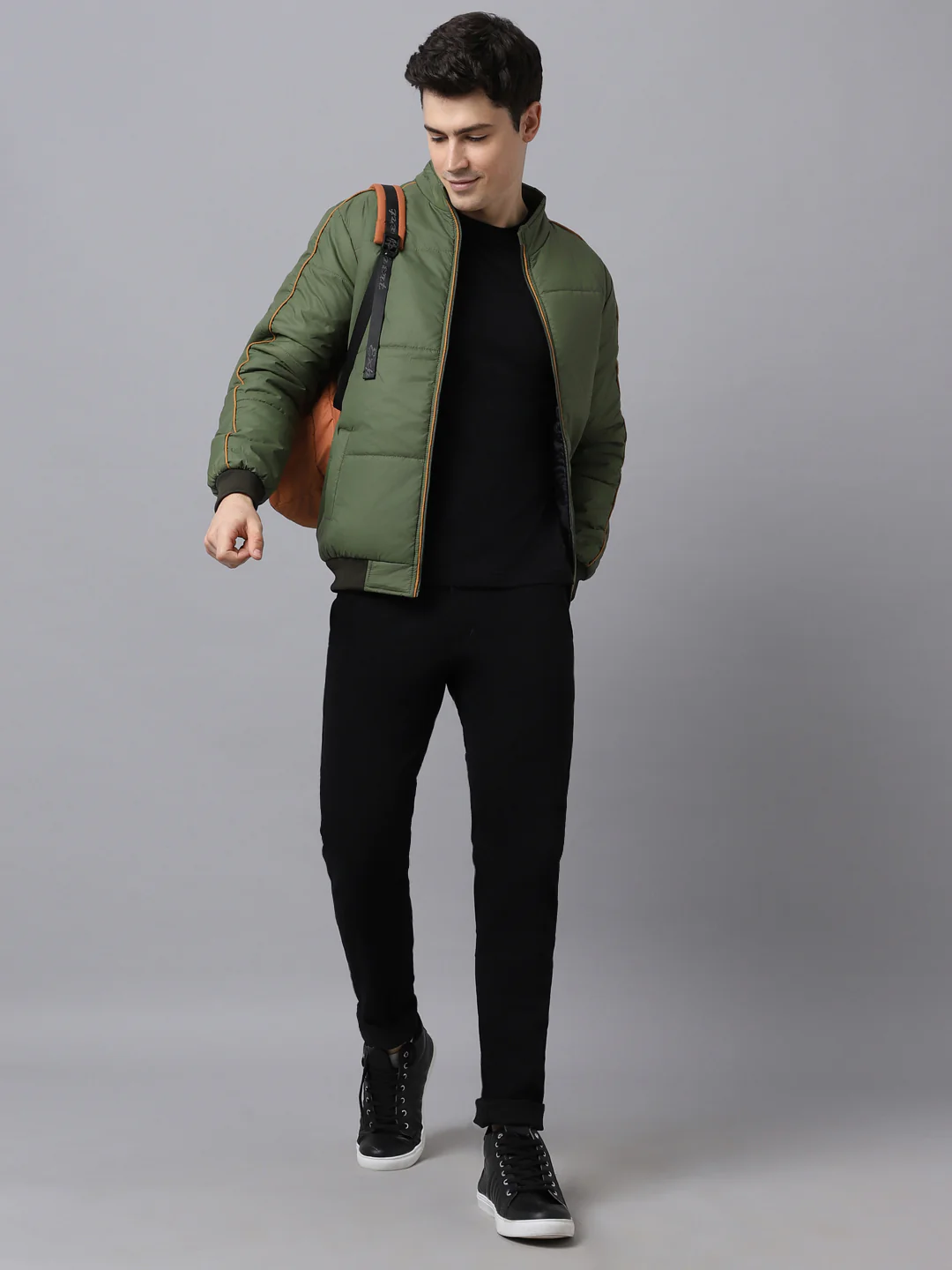 Men's Green Full Sleeve Zippered Puffer Jacket - Image 4