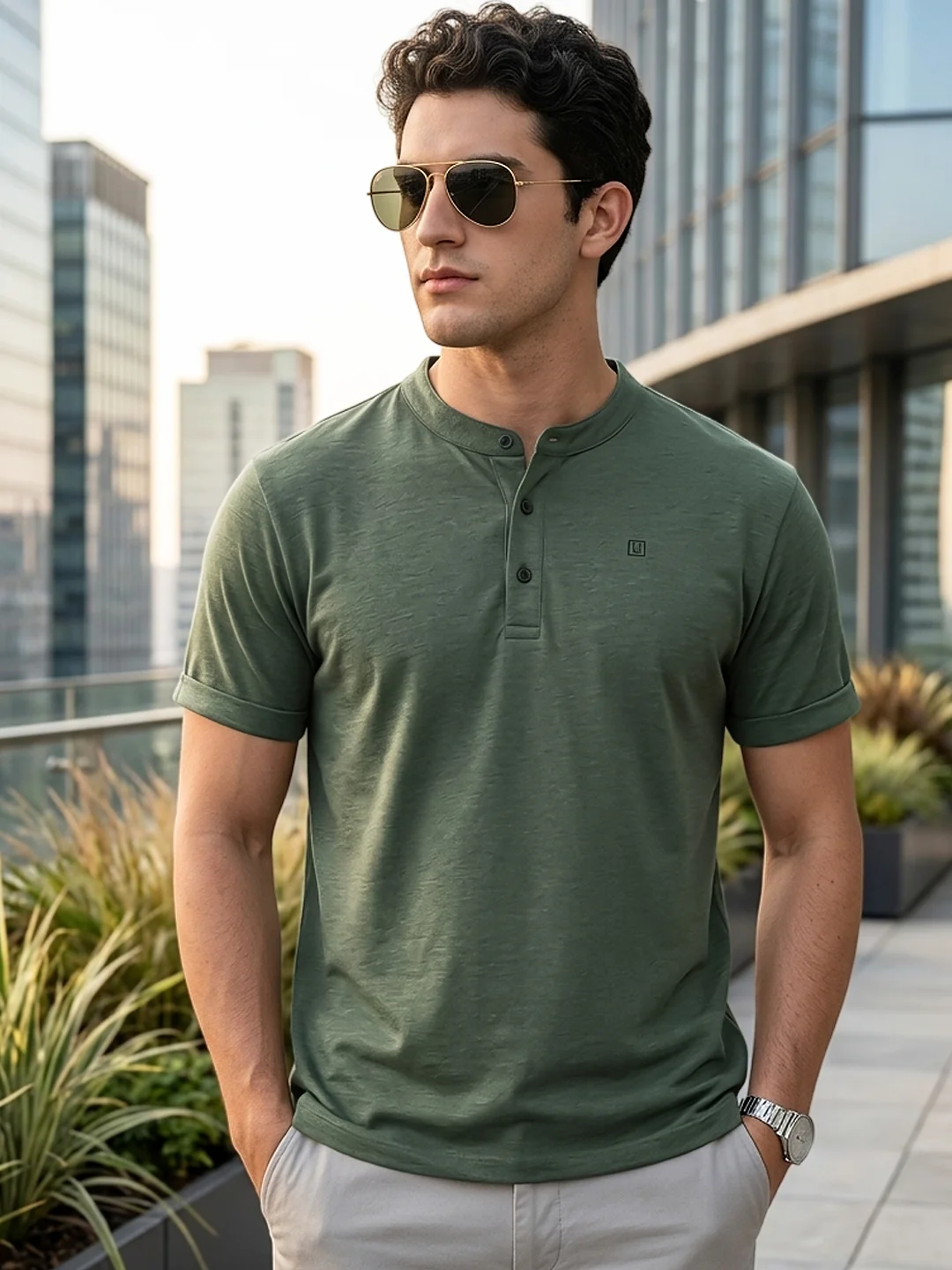 Men's Green Melange Solid Mandarin Collar Slim Fit Half Sleeve Cotton T-Shirt