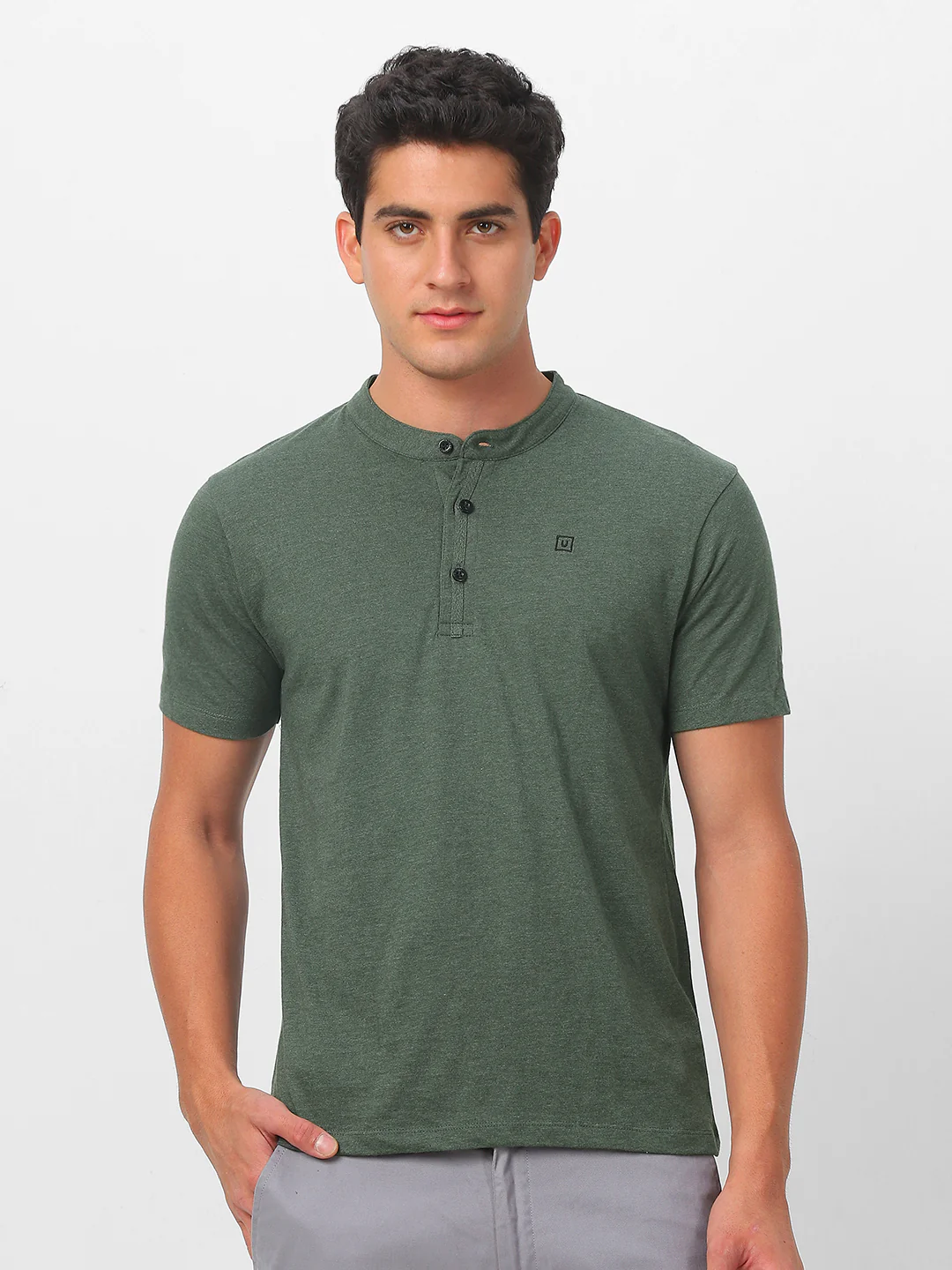 Men's Green Melange Solid Mandarin Collar Slim Fit Half Sleeve Cotton T-Shirt - Image 2