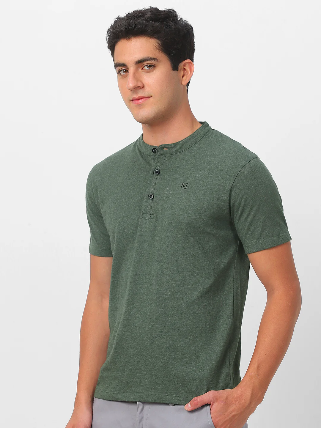 Men's Green Melange Solid Mandarin Collar Slim Fit Half Sleeve Cotton T-Shirt - Image 3