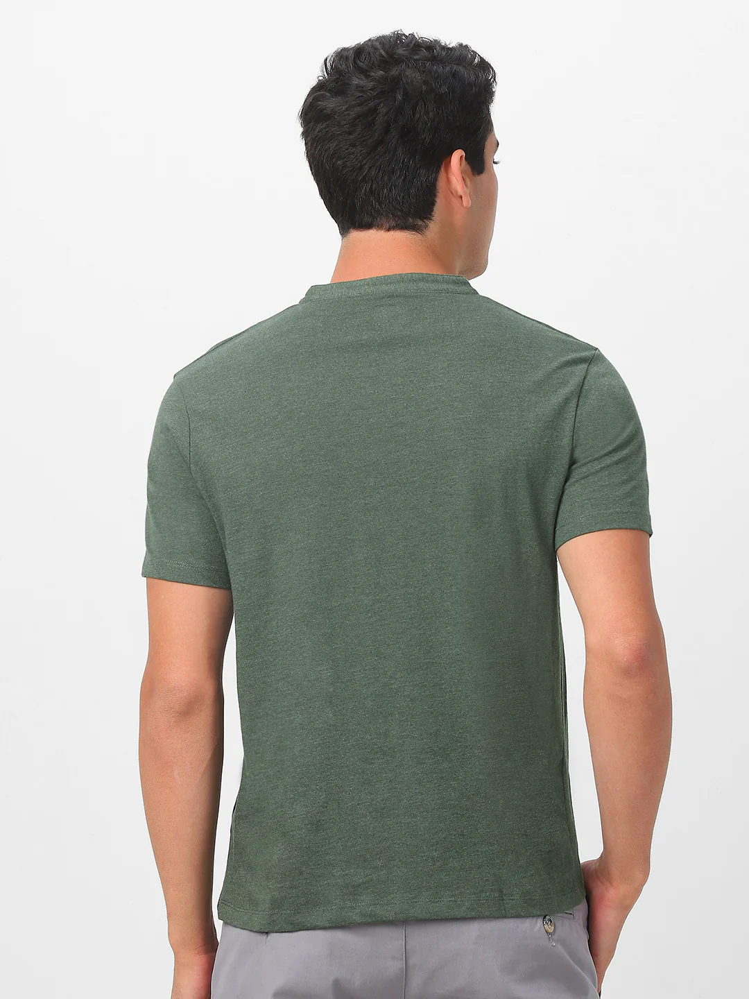 Men's Green Melange Solid Mandarin Collar Slim Fit Half Sleeve Cotton T-Shirt - Image 4