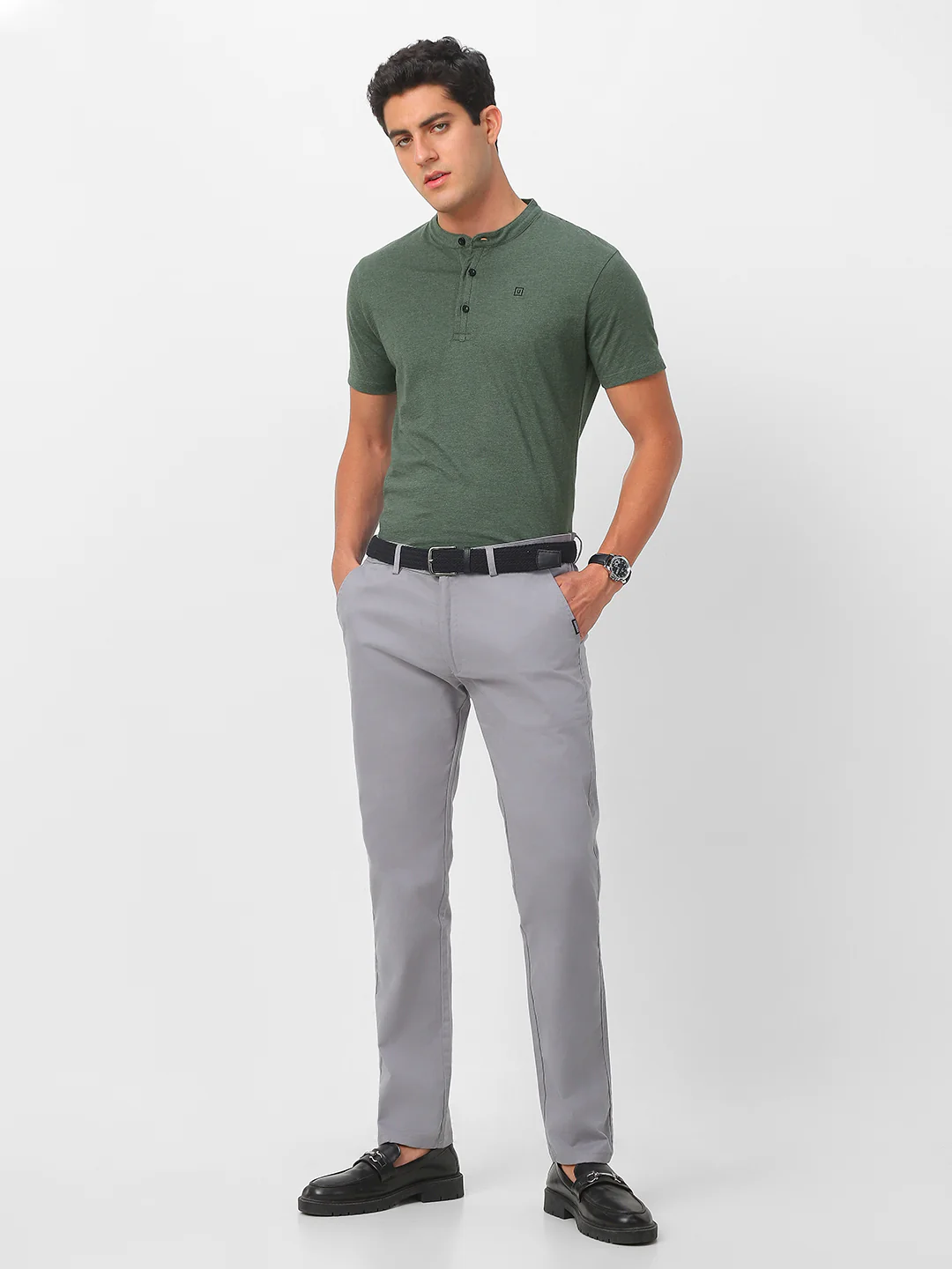 Men's Green Melange Solid Mandarin Collar Slim Fit Half Sleeve Cotton T-Shirt - Image 5