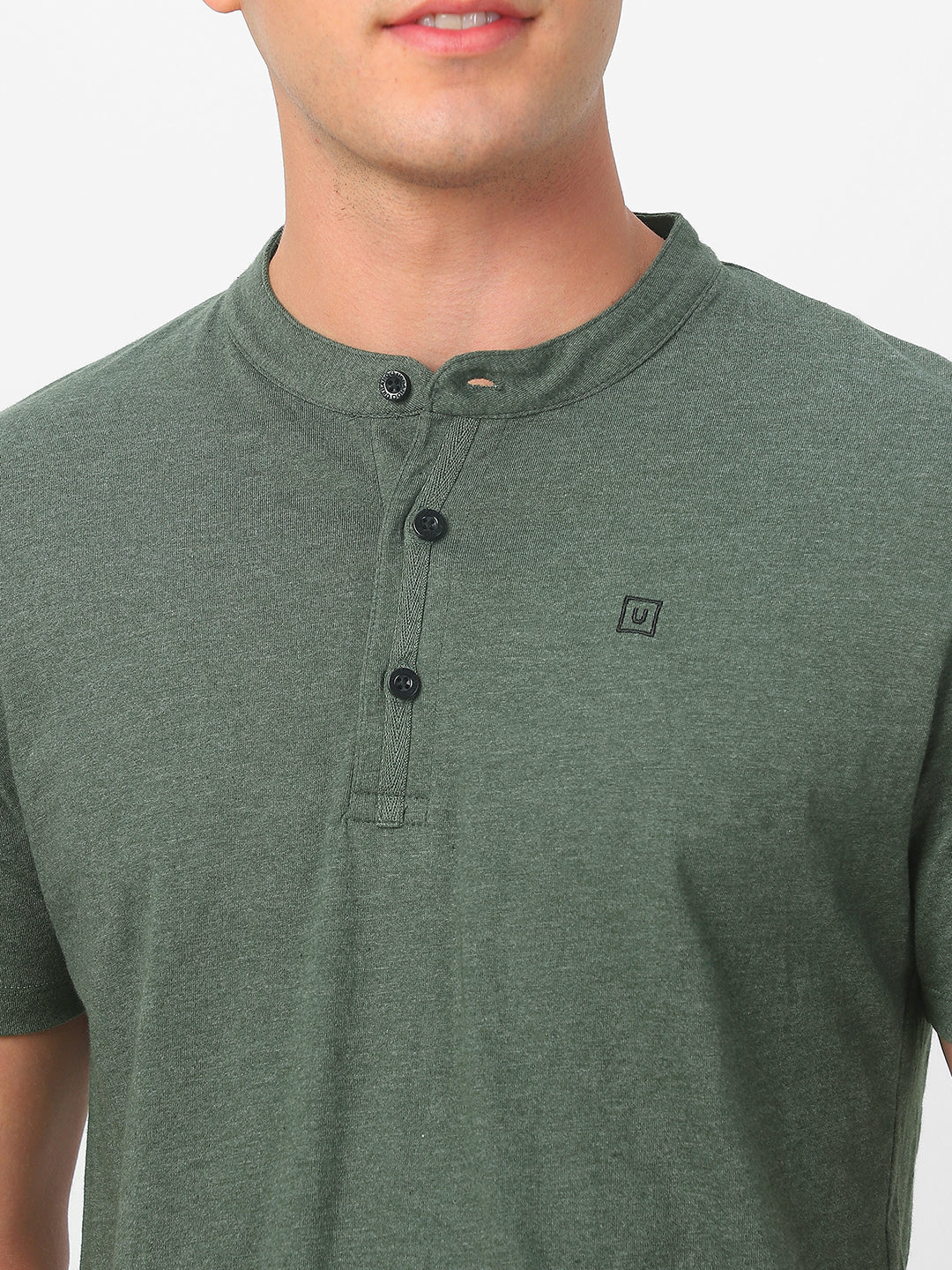 Men's Green Melange Solid Mandarin Collar Slim Fit Half Sleeve Cotton T-Shirt - Image 6