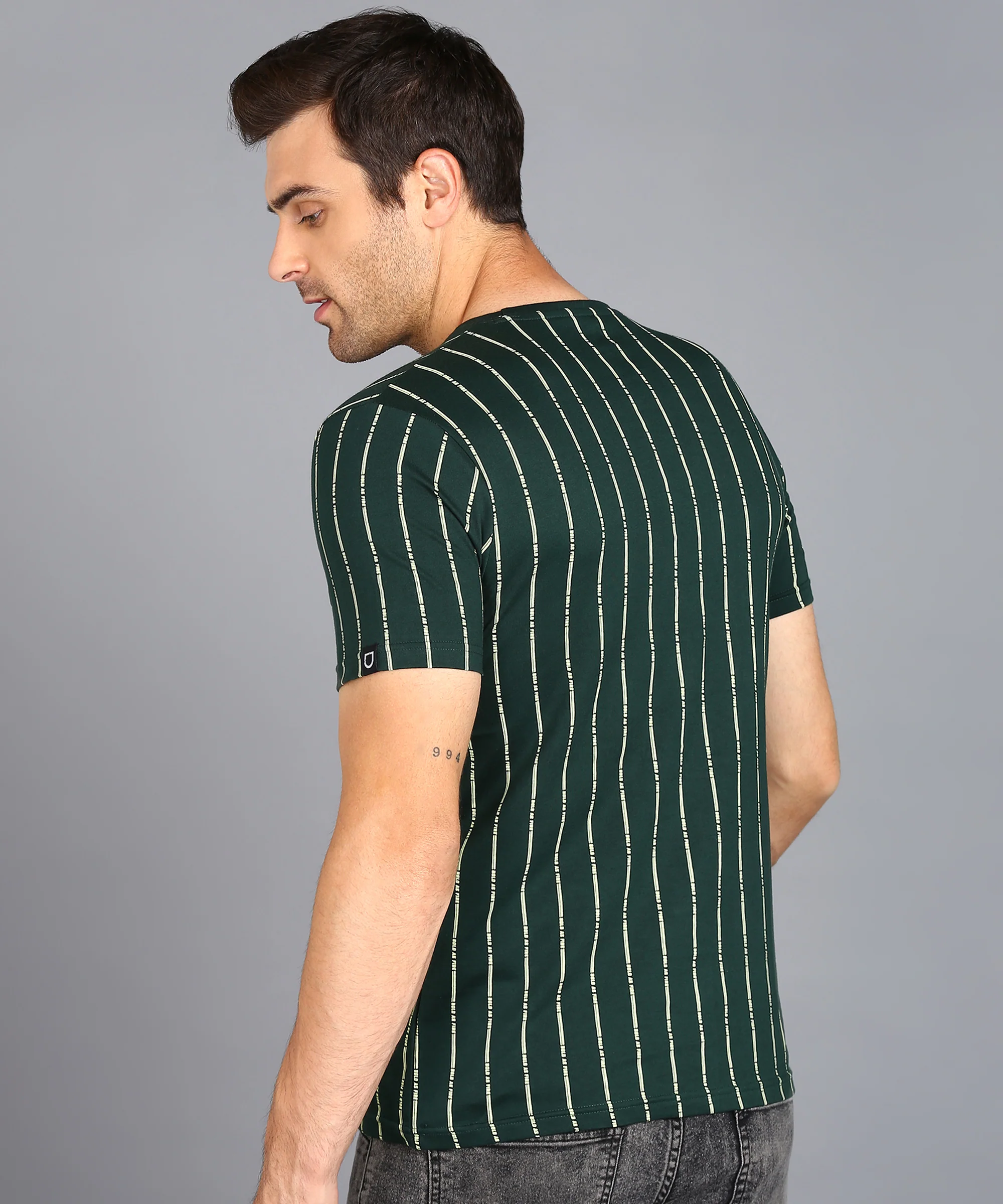 Men's Green Printed Round Neck Half Sleeve Slim Fit Cotton T-Shirt - Image 3