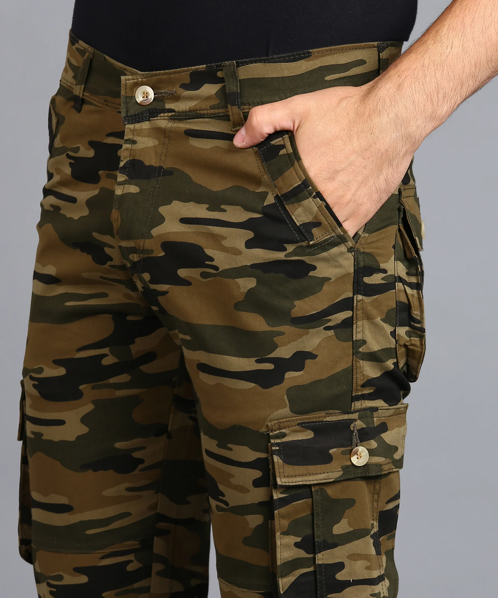 Men's Green Regular Fit Military Camouflage Cargo Chino Pant with 6 Pockets - Image 5
