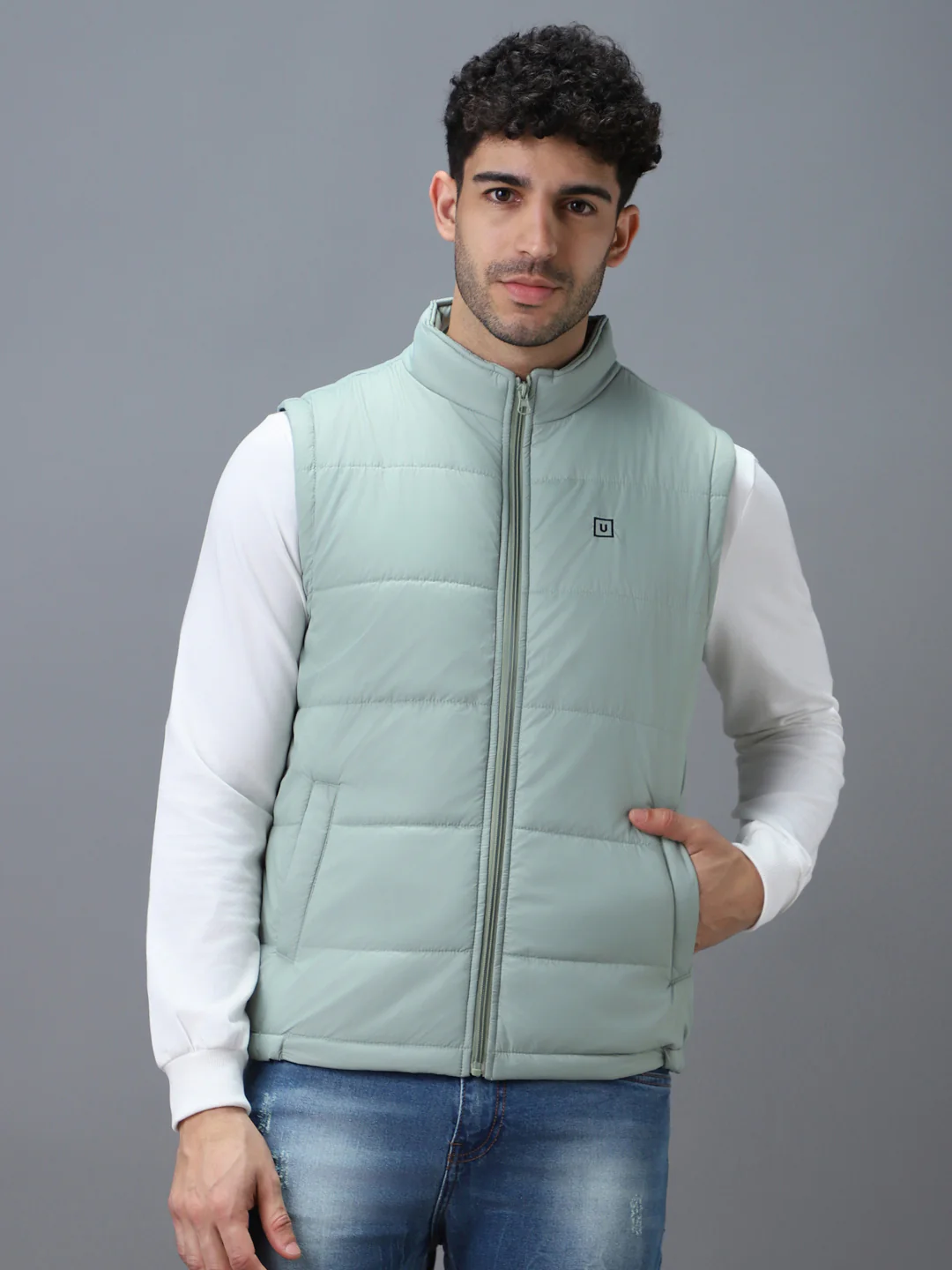Men's Green Sleeveless Zippered Puffer Jacket - Image 2