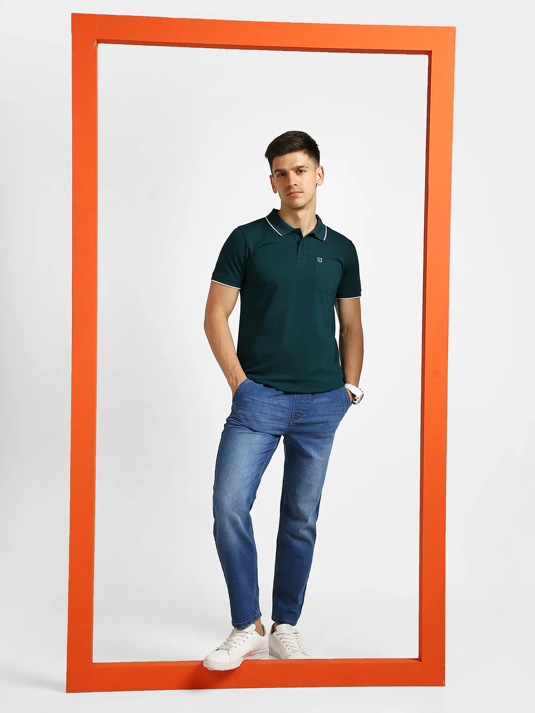 Men's Green Solid Slim Fit Half Sleeve Cotton Polo T-Shirt - Image 4