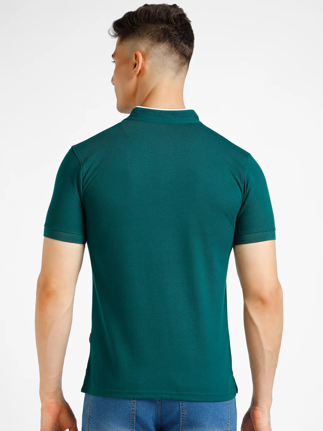 Men's Green Solid Slim Fit Half Sleeve Cotton Polo T-Shirt with Mandarin Collar - Image 3