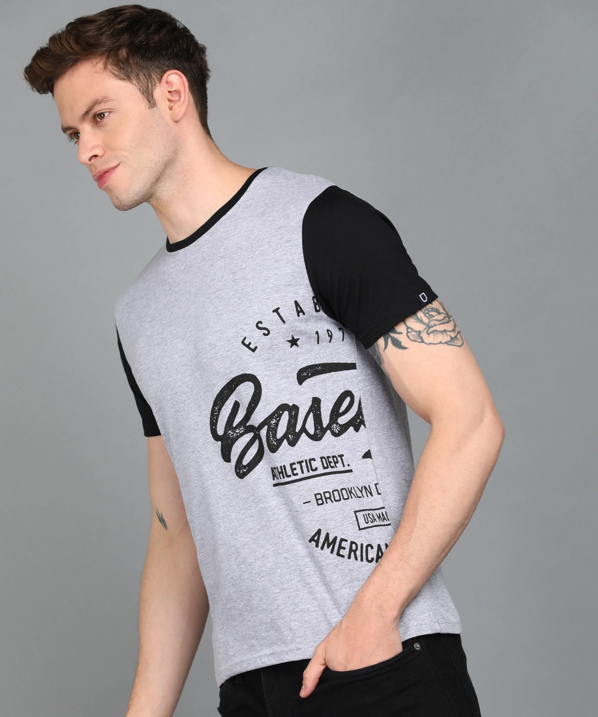 Urbano Fashion Men's Grey Black Graphic Printed Round Neck Half Sleeve Slim Fit Cotton T-Shirt - Image 2