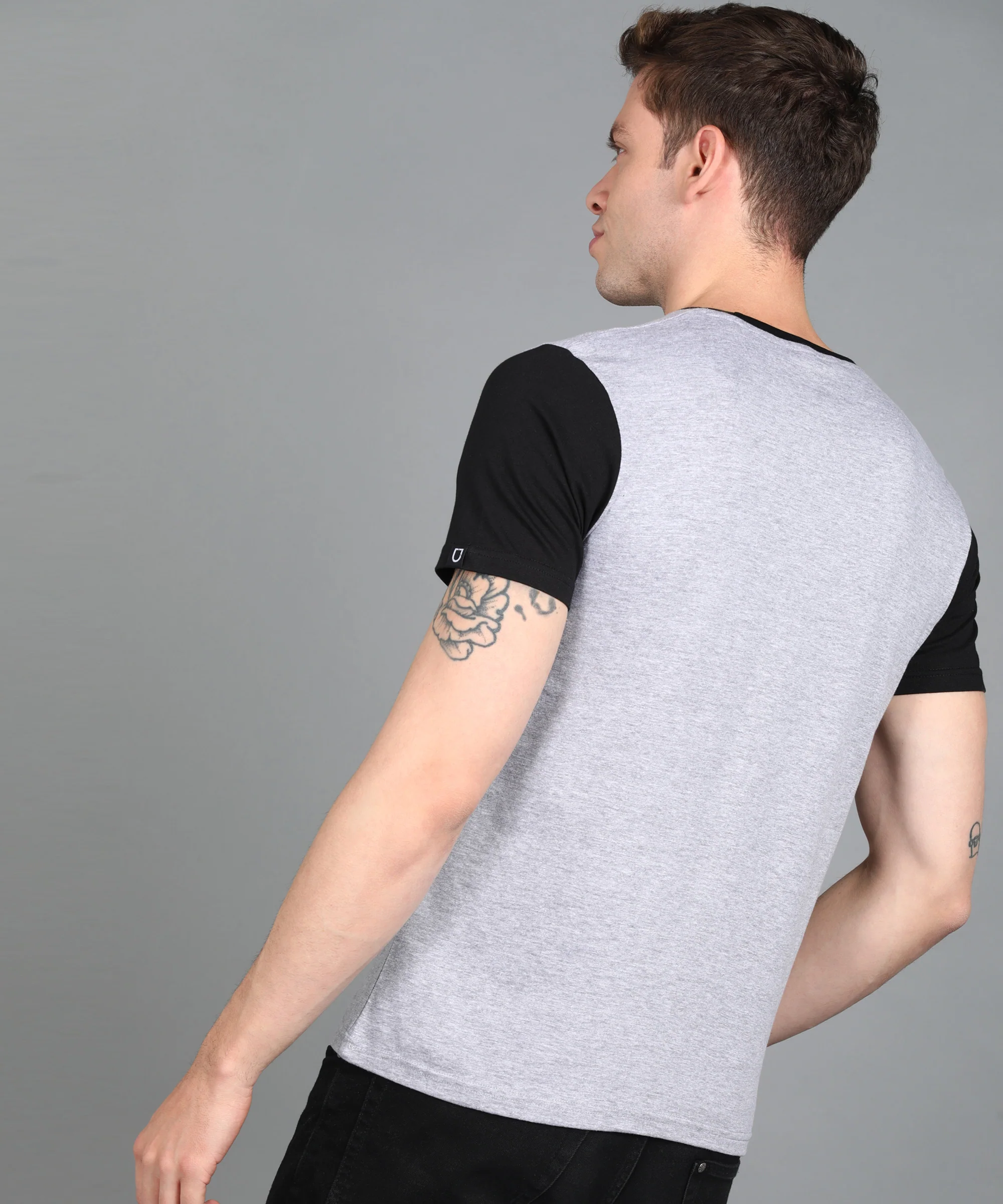 Urbano Fashion Men's Grey Black Graphic Printed Round Neck Half Sleeve Slim Fit Cotton T-Shirt - Image 3