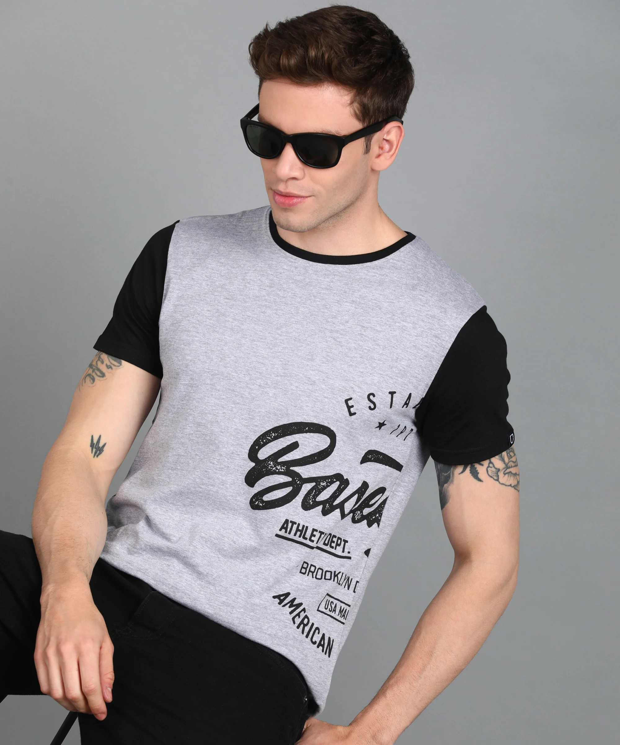 Urbano Fashion Men's Grey Black Graphic Printed Round Neck Half Sleeve Slim Fit Cotton T-Shirt - Image 4
