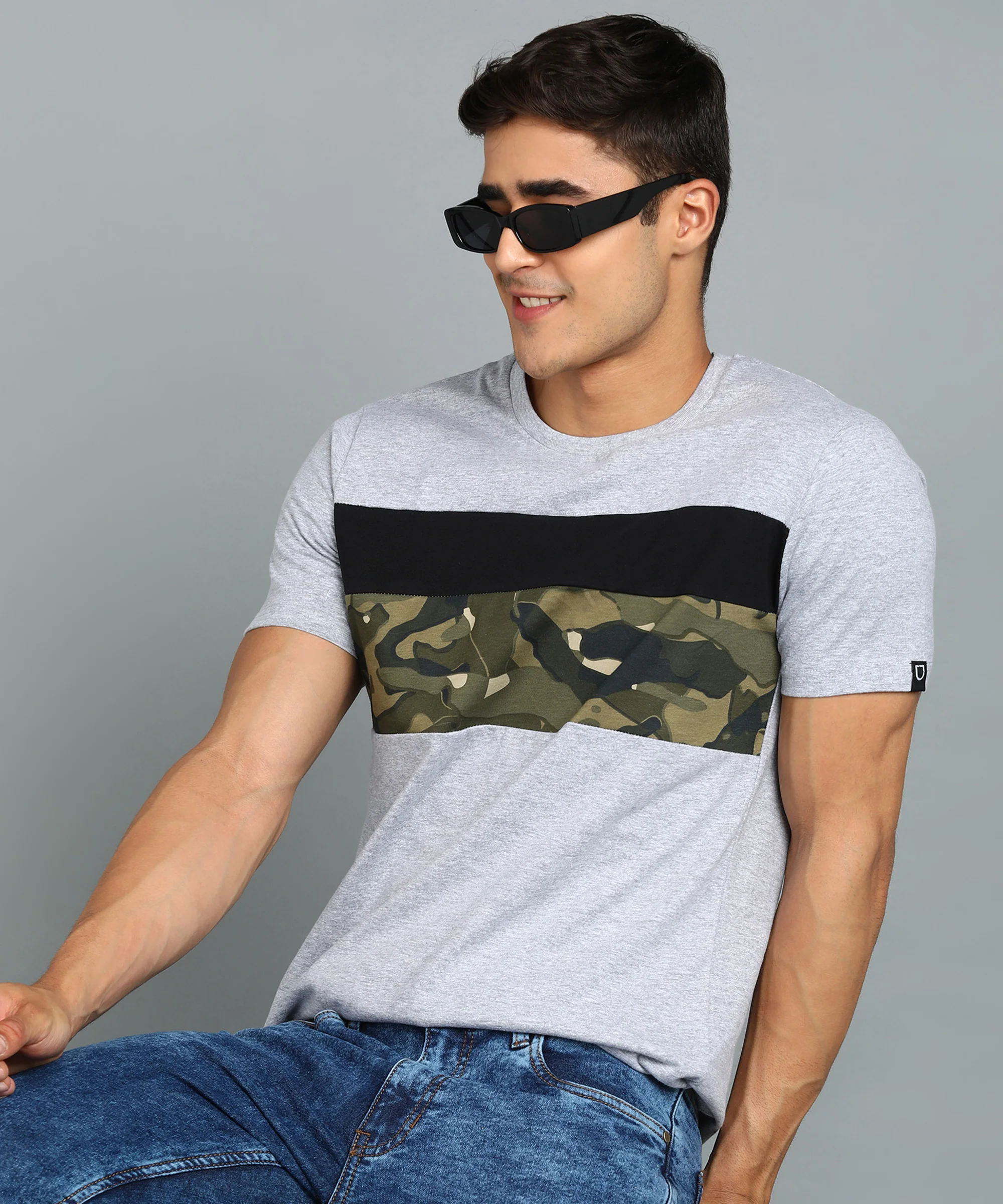 Men's Grey, Black Military Camouflage Printed Slim Fit Half Sleeve Cotton T-Shirt - Image 2