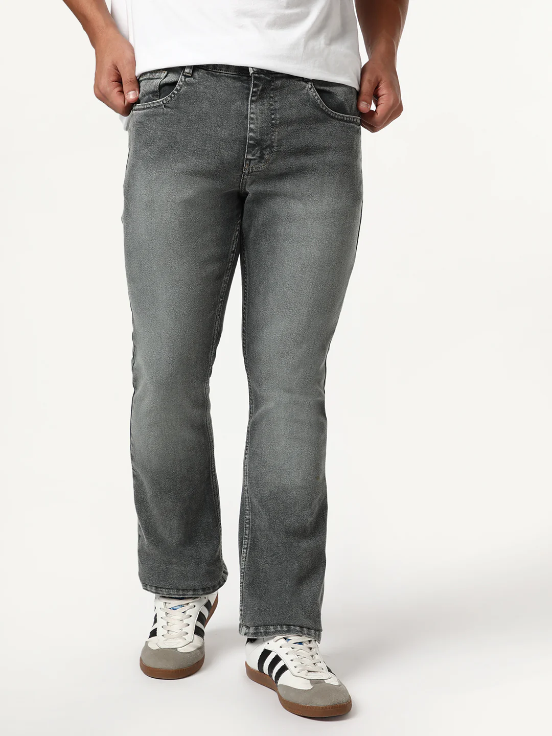 Men's Grey Bootcut Fit Mid Rise Tinted Heavy Washed Jeans Stretchable - Image 2