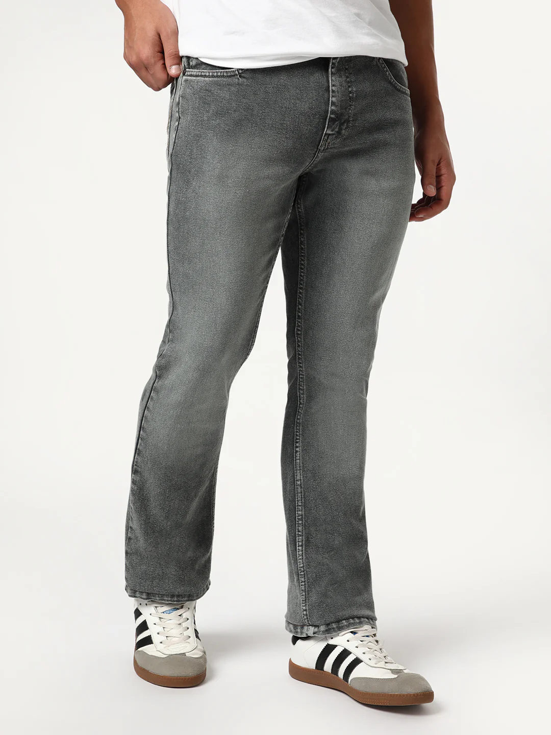 Men's Grey Bootcut Fit Mid Rise Tinted Heavy Washed Jeans Stretchable - Image 3