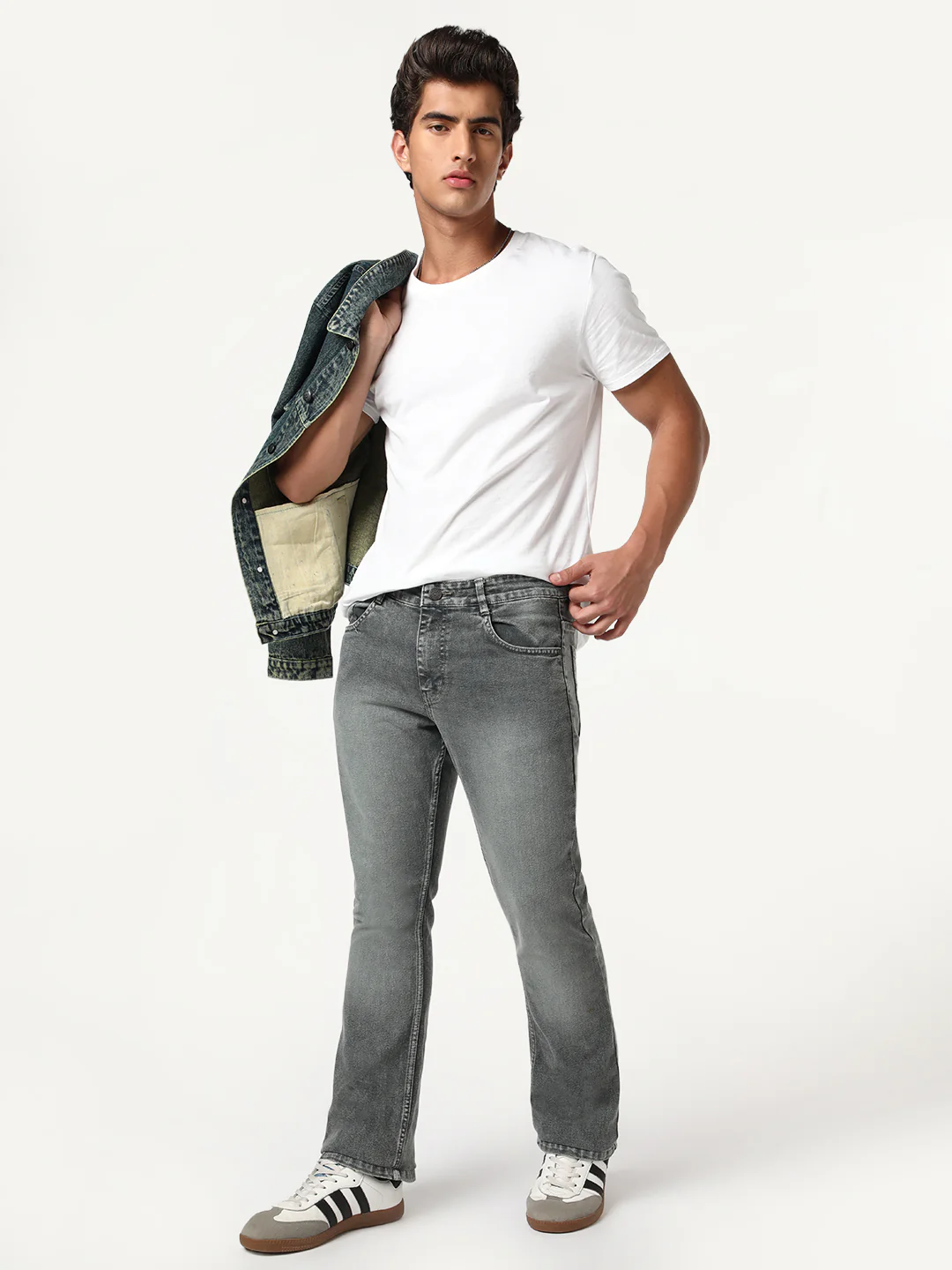 Men's Grey Bootcut Fit Mid Rise Tinted Heavy Washed Jeans Stretchable - Image 5