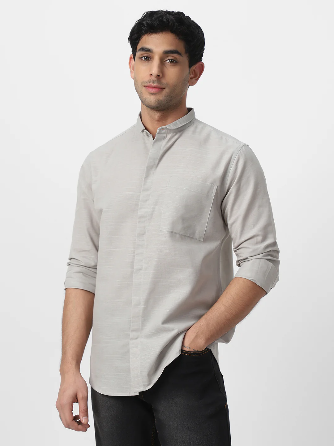 Men's Grey Cotton Full Sleeve Regular Fit Casual Solid Shirt with Band Collar - Image 2