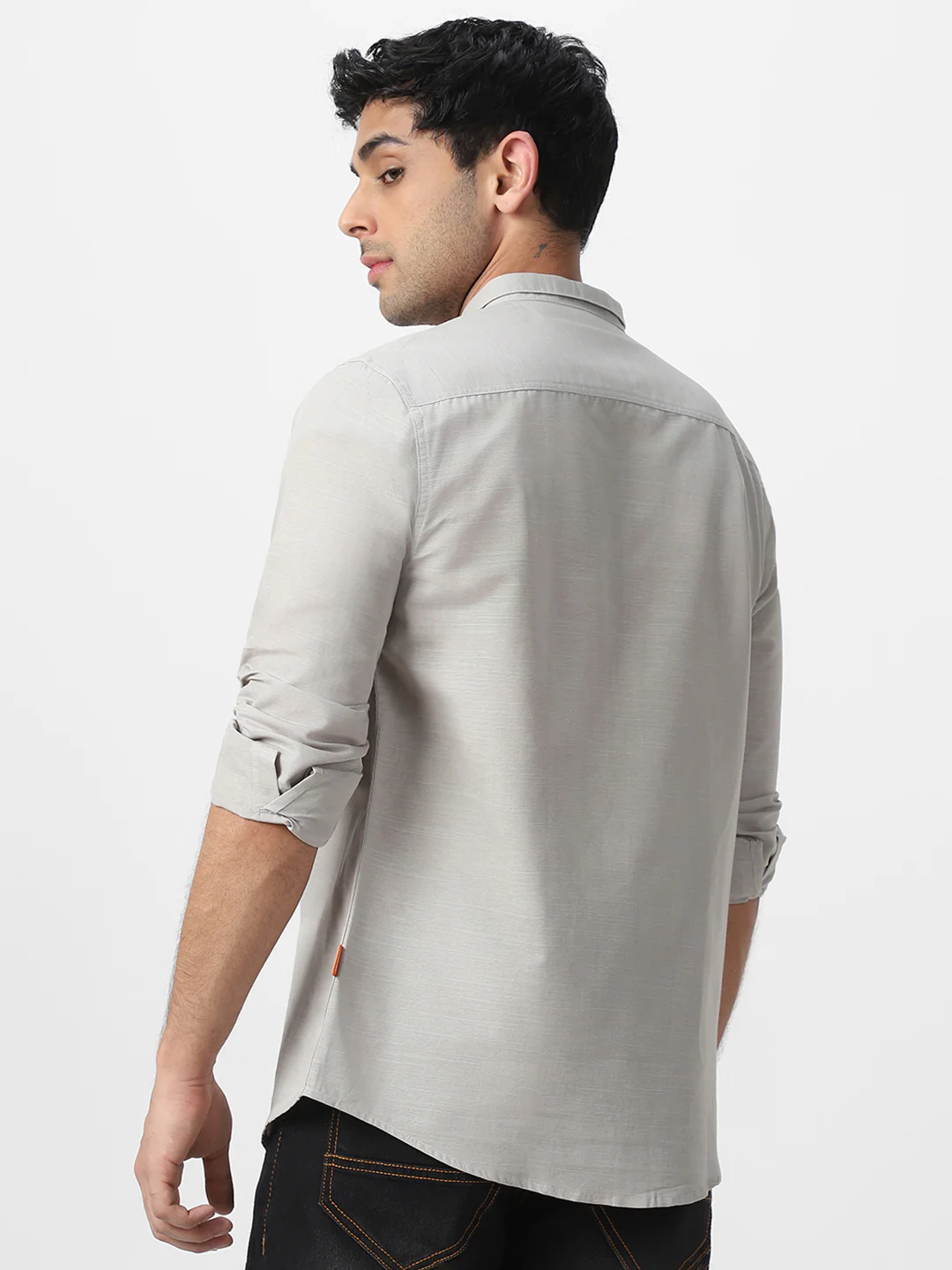 Men's Grey Cotton Full Sleeve Regular Fit Casual Solid Shirt with Band Collar - Image 3