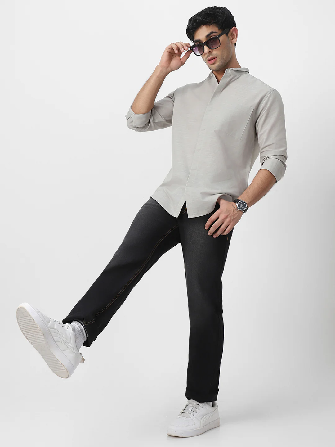 Men's Grey Cotton Full Sleeve Regular Fit Casual Solid Shirt with Band Collar - Image 4