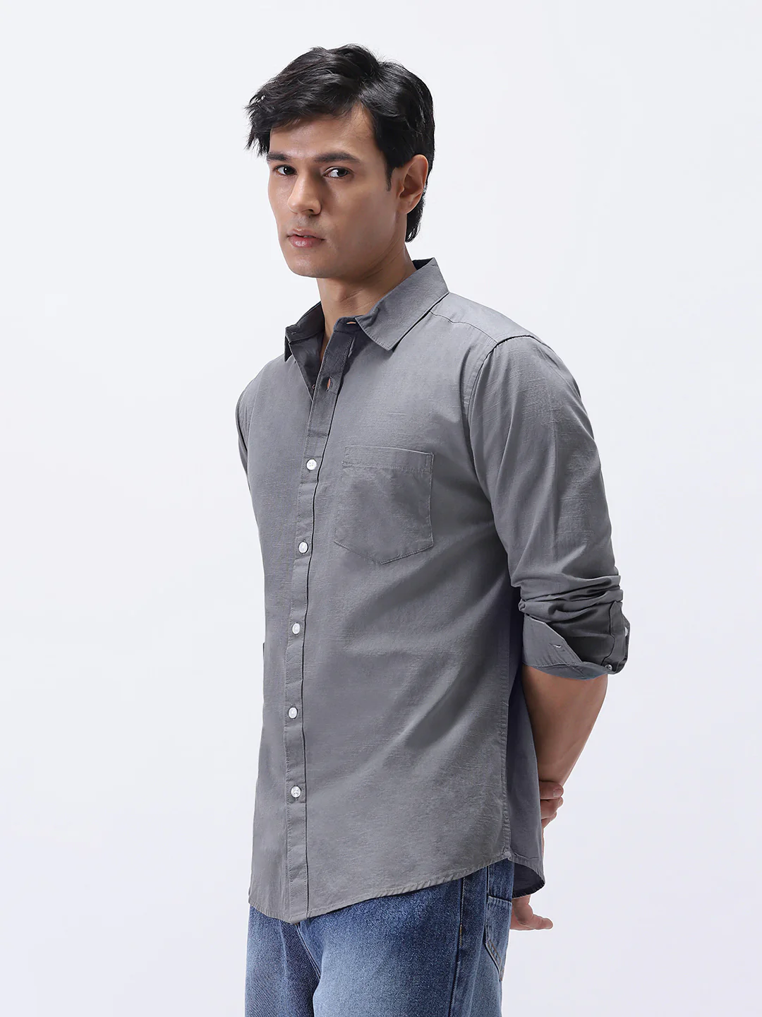 Men's Grey Cotton Full Sleeve Regular Fit Casual Solid Slub Shirt with Spread Collar - Image 2