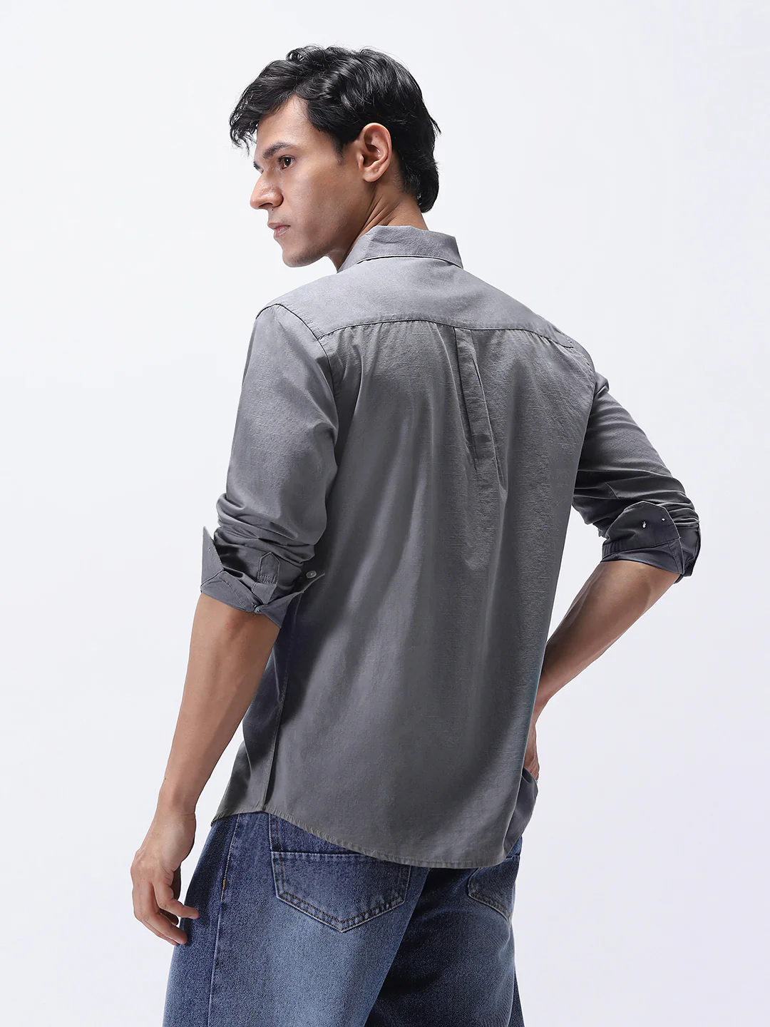 Men's Grey Cotton Full Sleeve Regular Fit Casual Solid Slub Shirt with Spread Collar - Image 3