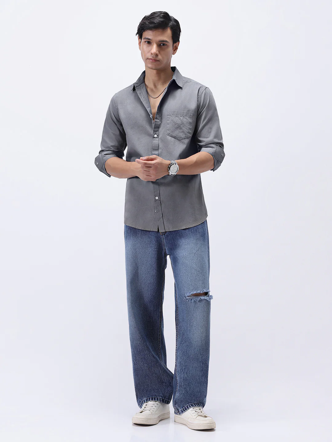 Men's Grey Cotton Full Sleeve Regular Fit Casual Solid Slub Shirt with Spread Collar - Image 4