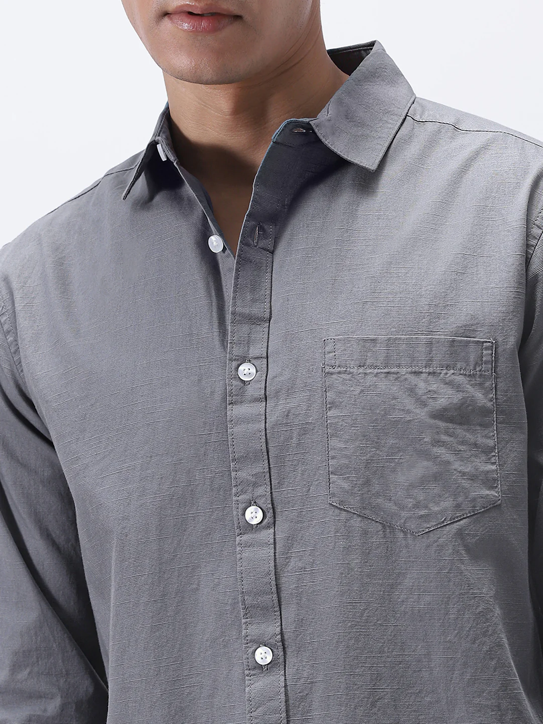 Men's Grey Cotton Full Sleeve Regular Fit Casual Solid Slub Shirt with Spread Collar - Image 5