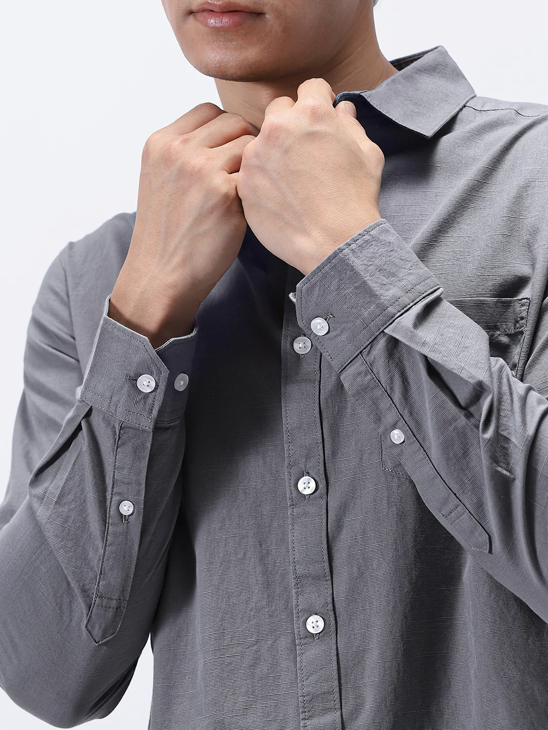 Men's Grey Cotton Full Sleeve Regular Fit Casual Solid Slub Shirt with Spread Collar - Image 6