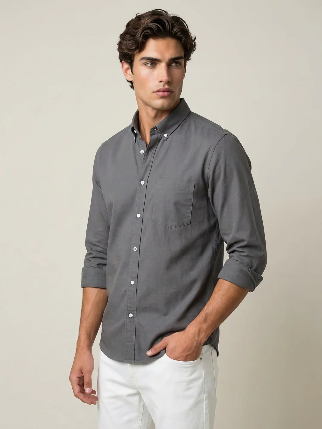 Men's Grey Cotton Full Sleeve Regular Fit Solid Oxford Shirt With Button-Down Collar - Image 2