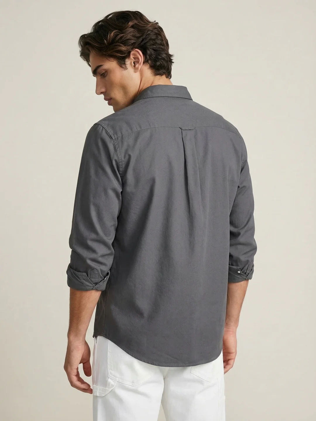 Men's Grey Cotton Full Sleeve Regular Fit Solid Oxford Shirt With Button-Down Collar - Image 3