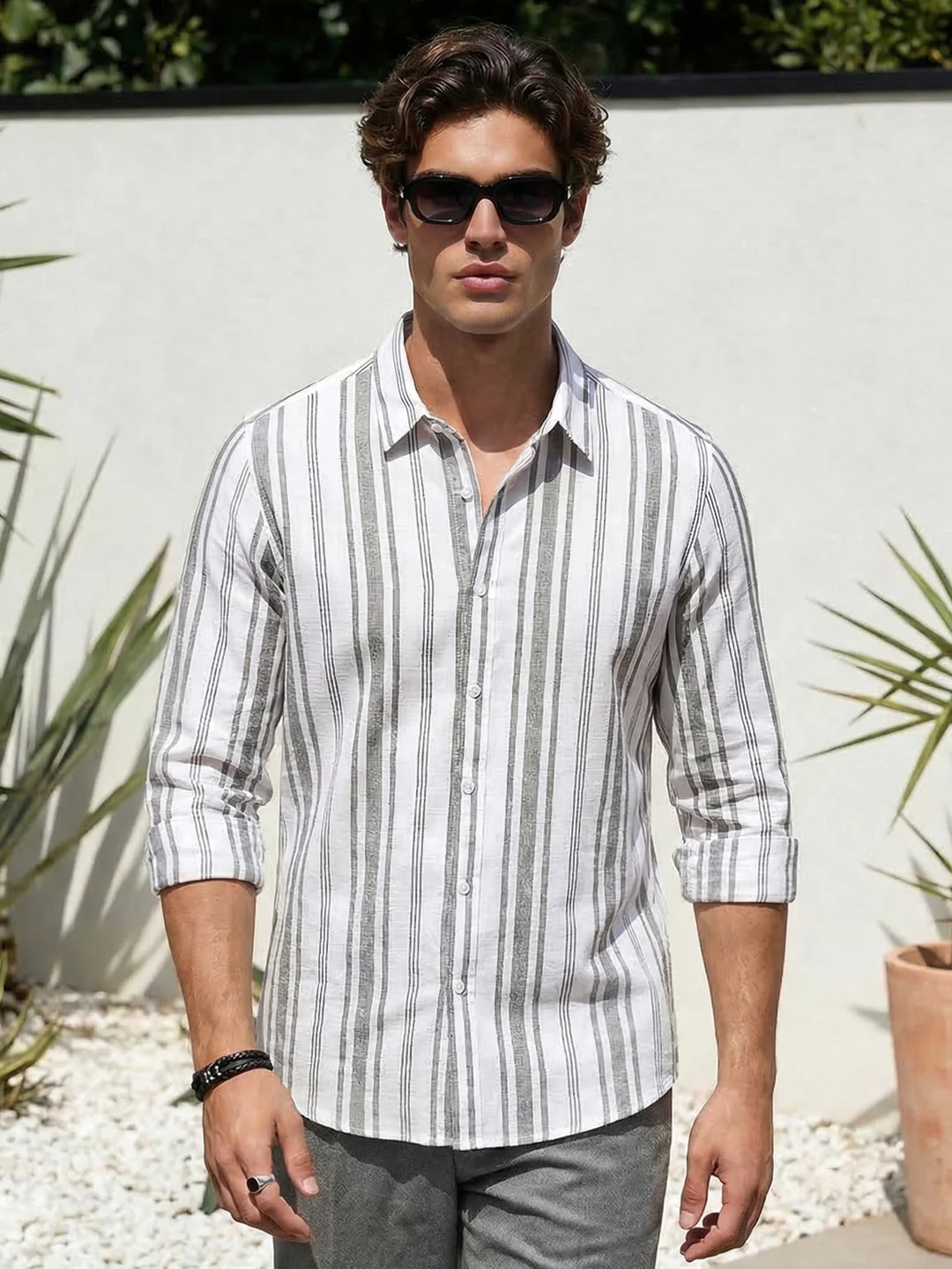 Men's Grey Cotton Full Sleeve Relaxed Fit Linen Striped Shirt with Spread Collar