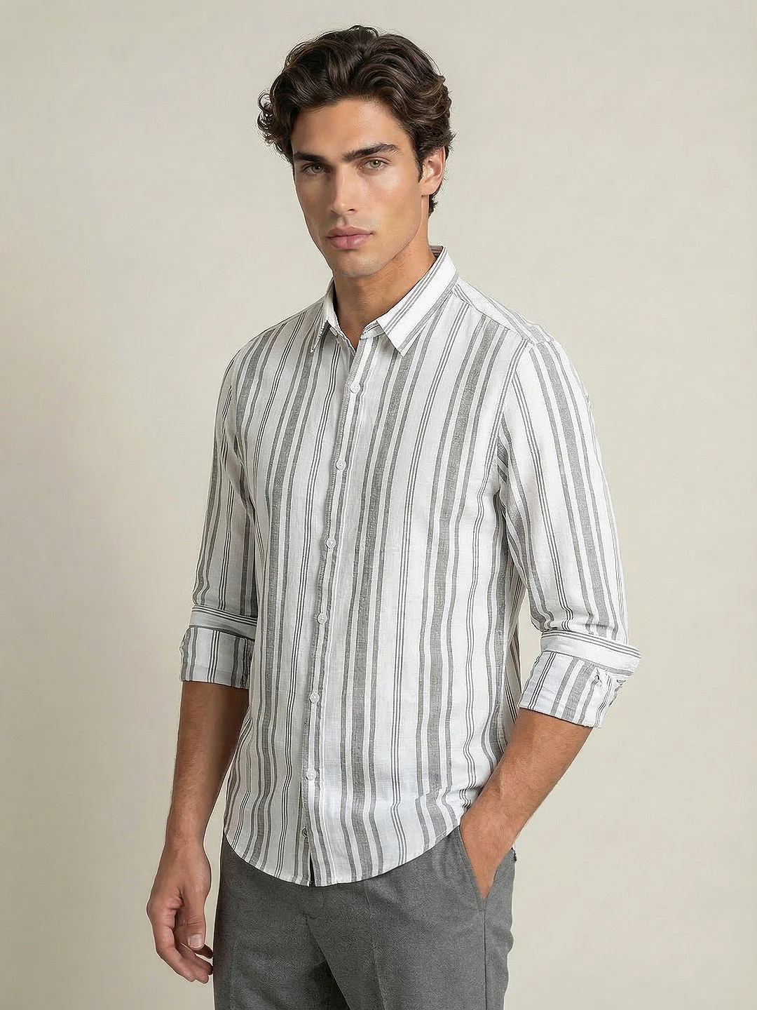 Men's Grey Cotton Full Sleeve Relaxed Fit Linen Striped Shirt with Spread Collar - Image 2