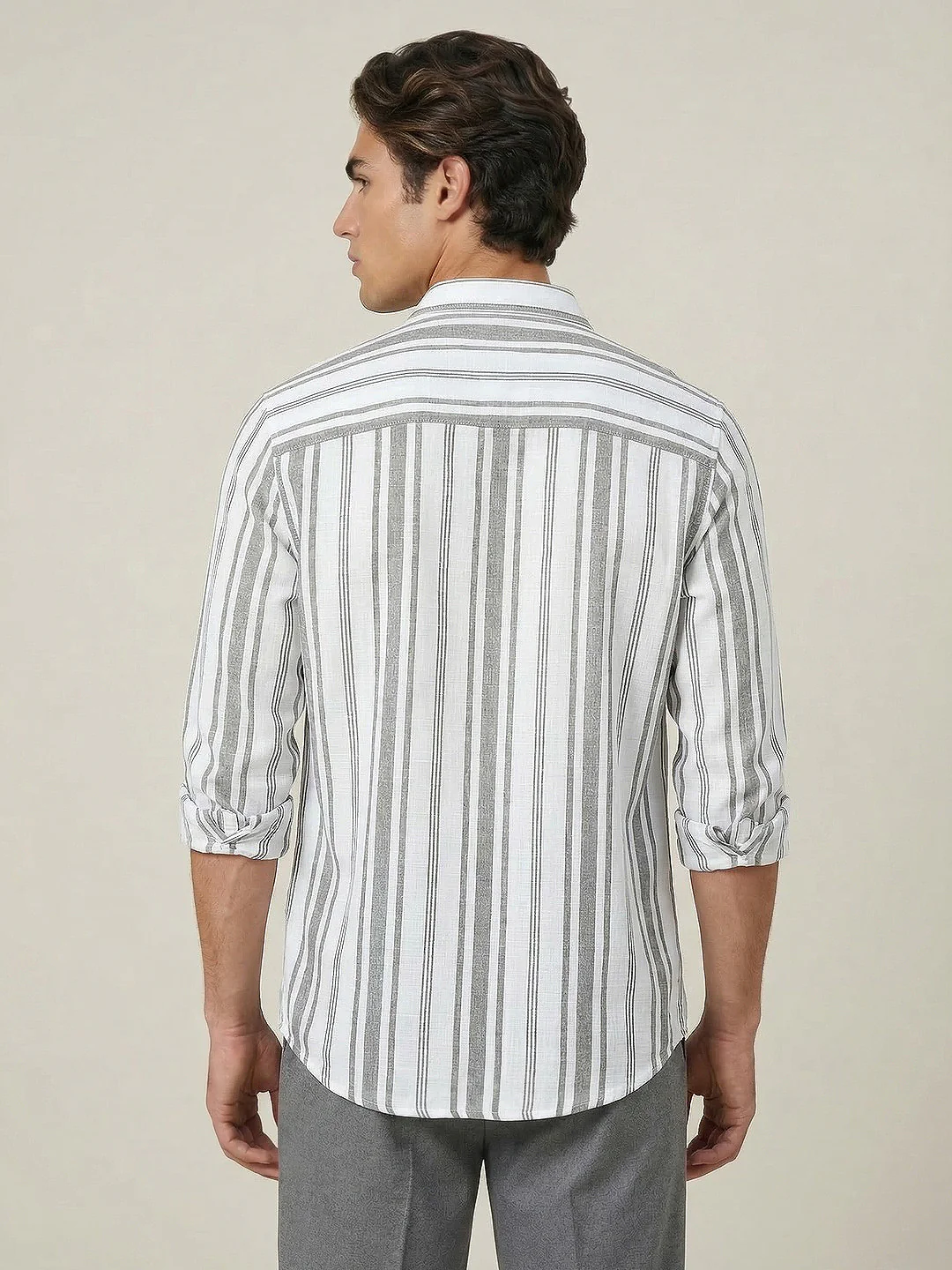 Men's Grey Cotton Full Sleeve Relaxed Fit Linen Striped Shirt with Spread Collar - Image 3