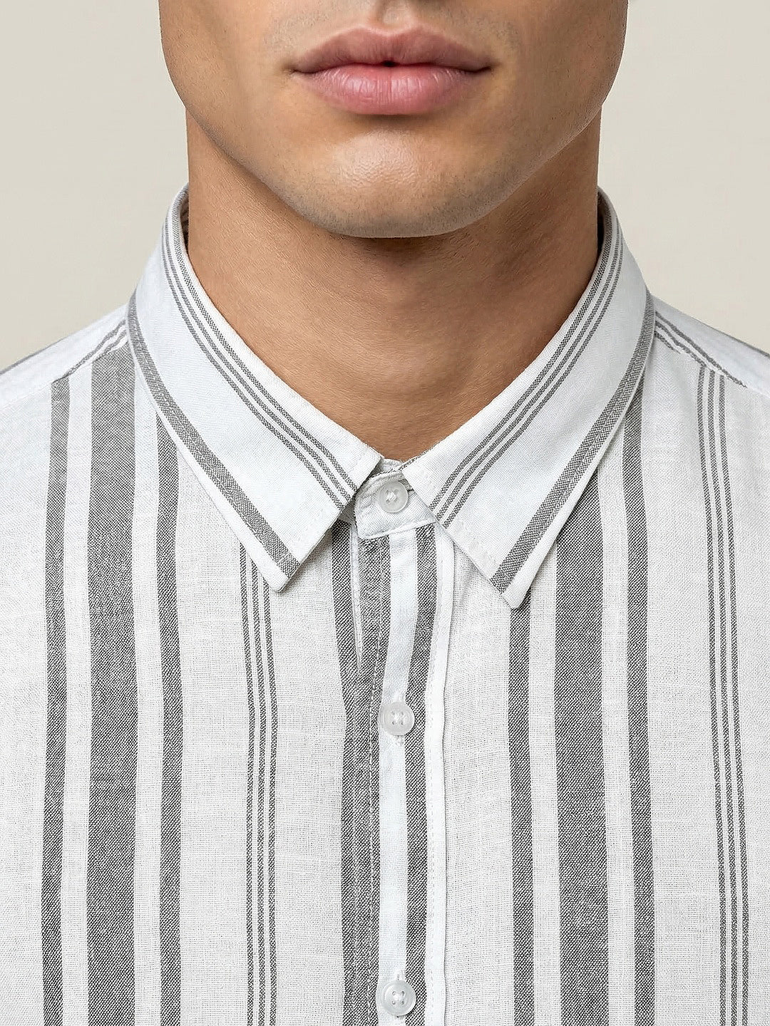 Men's Grey Cotton Full Sleeve Relaxed Fit Linen Striped Shirt with Spread Collar - Image 5