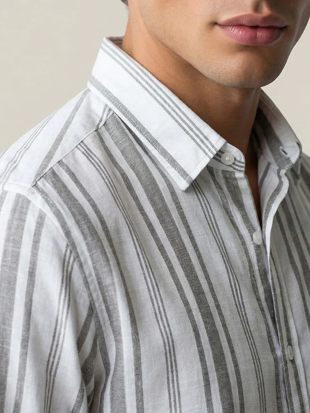 Men's Grey Cotton Full Sleeve Relaxed Fit Linen Striped Shirt with Spread Collar - Image 6