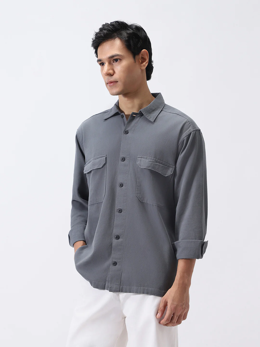 Men's Grey Cotton Full Sleeve Relaxed Fit Shacket with Utility Pockets - Image 2