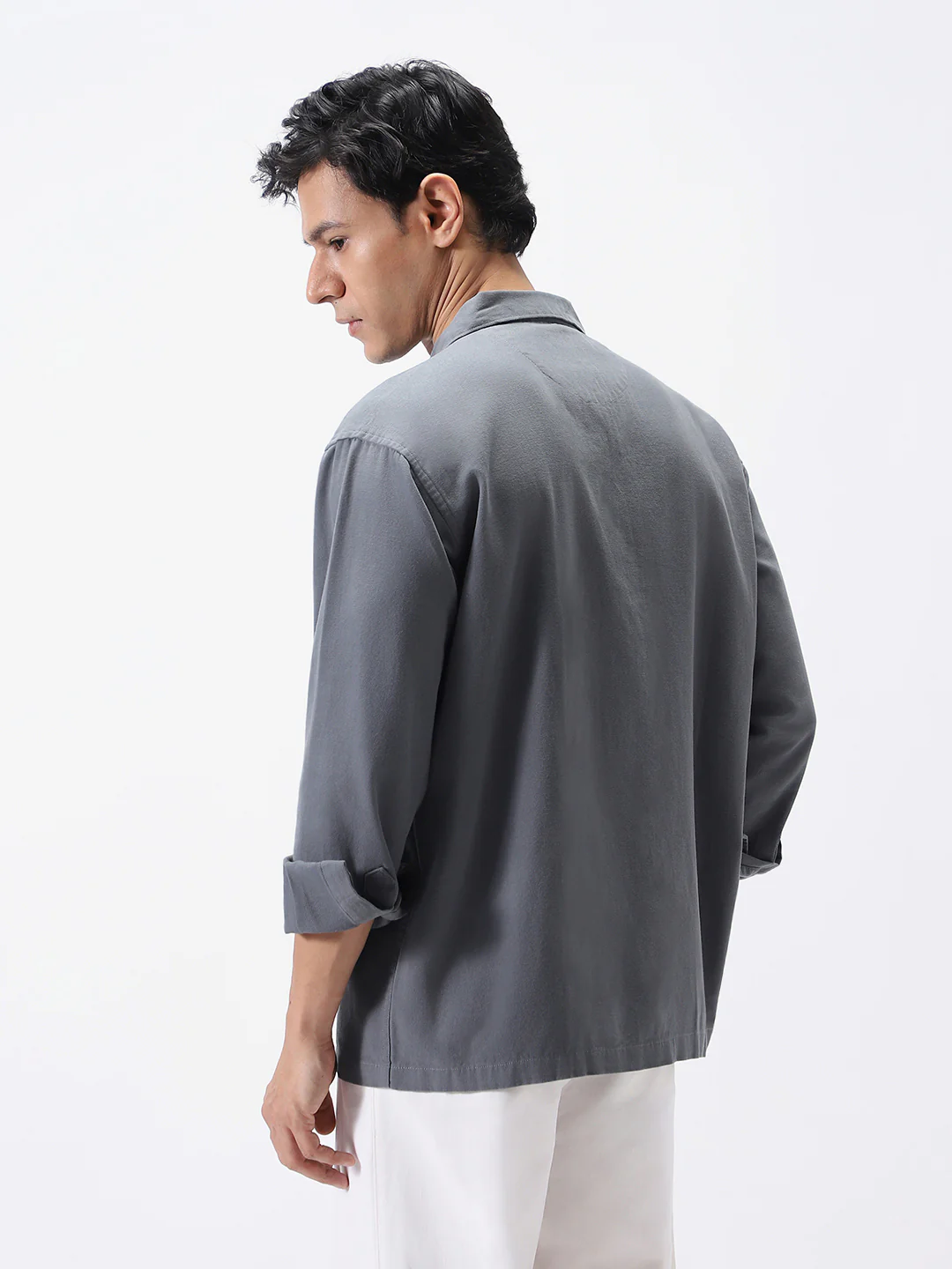 Men's Grey Cotton Full Sleeve Relaxed Fit Shacket with Utility Pockets - Image 3