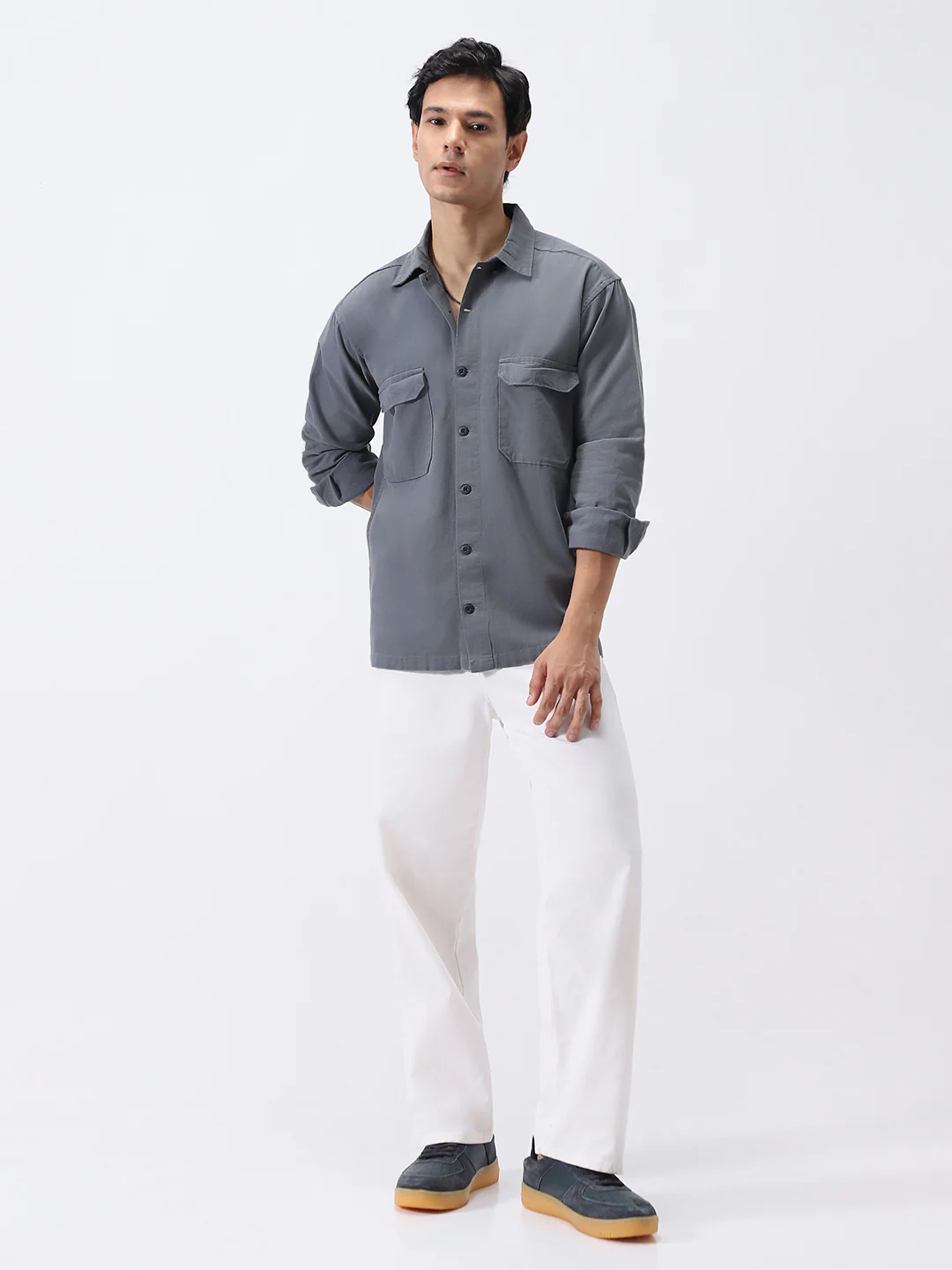Men's Grey Cotton Full Sleeve Relaxed Fit Shacket with Utility Pockets - Image 4