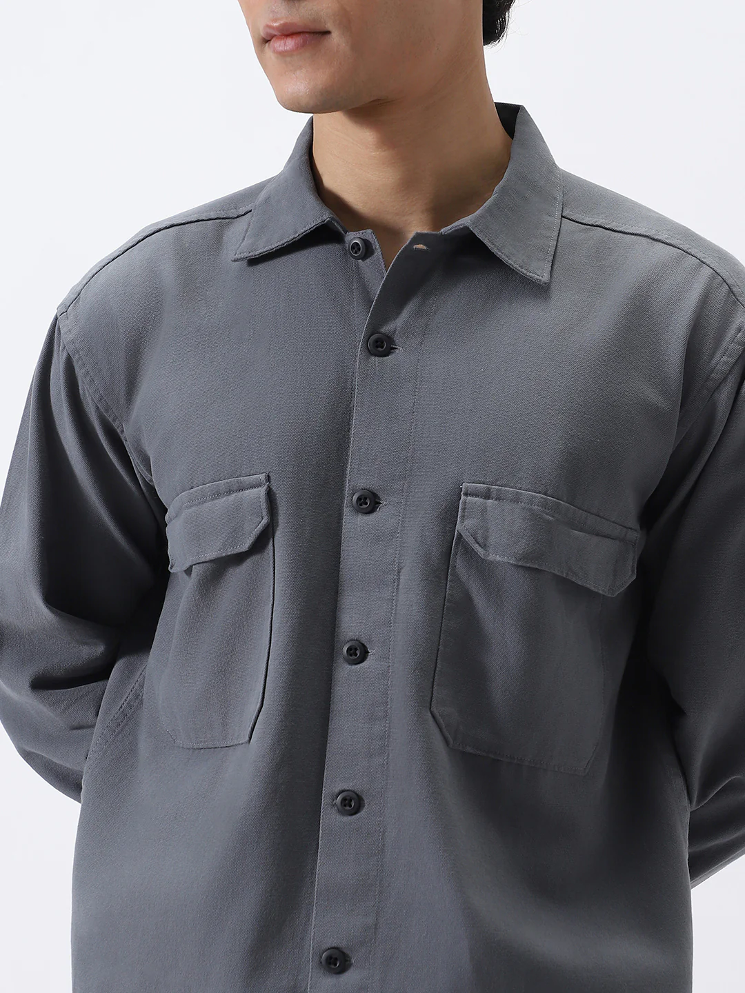 Men's Grey Cotton Full Sleeve Relaxed Fit Shacket with Utility Pockets - Image 5