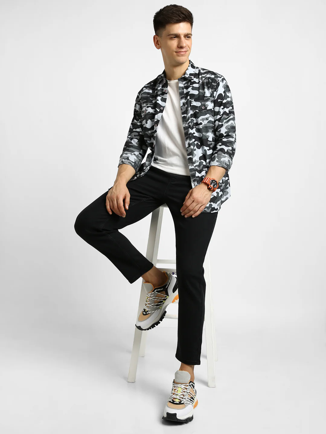 Men's Grey Cotton Full Sleeve Slim Fit Casual Camouflage Printed Shirt - Image 4