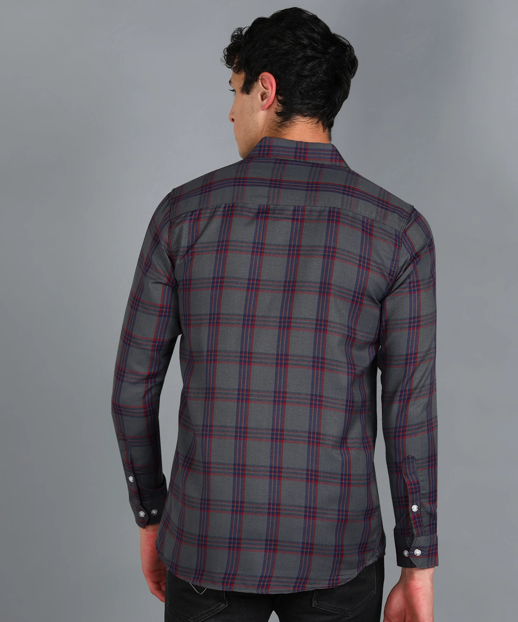 Men's Grey Cotton Full Sleeve Slim Fit Casual Checkered Shirt - Image 3