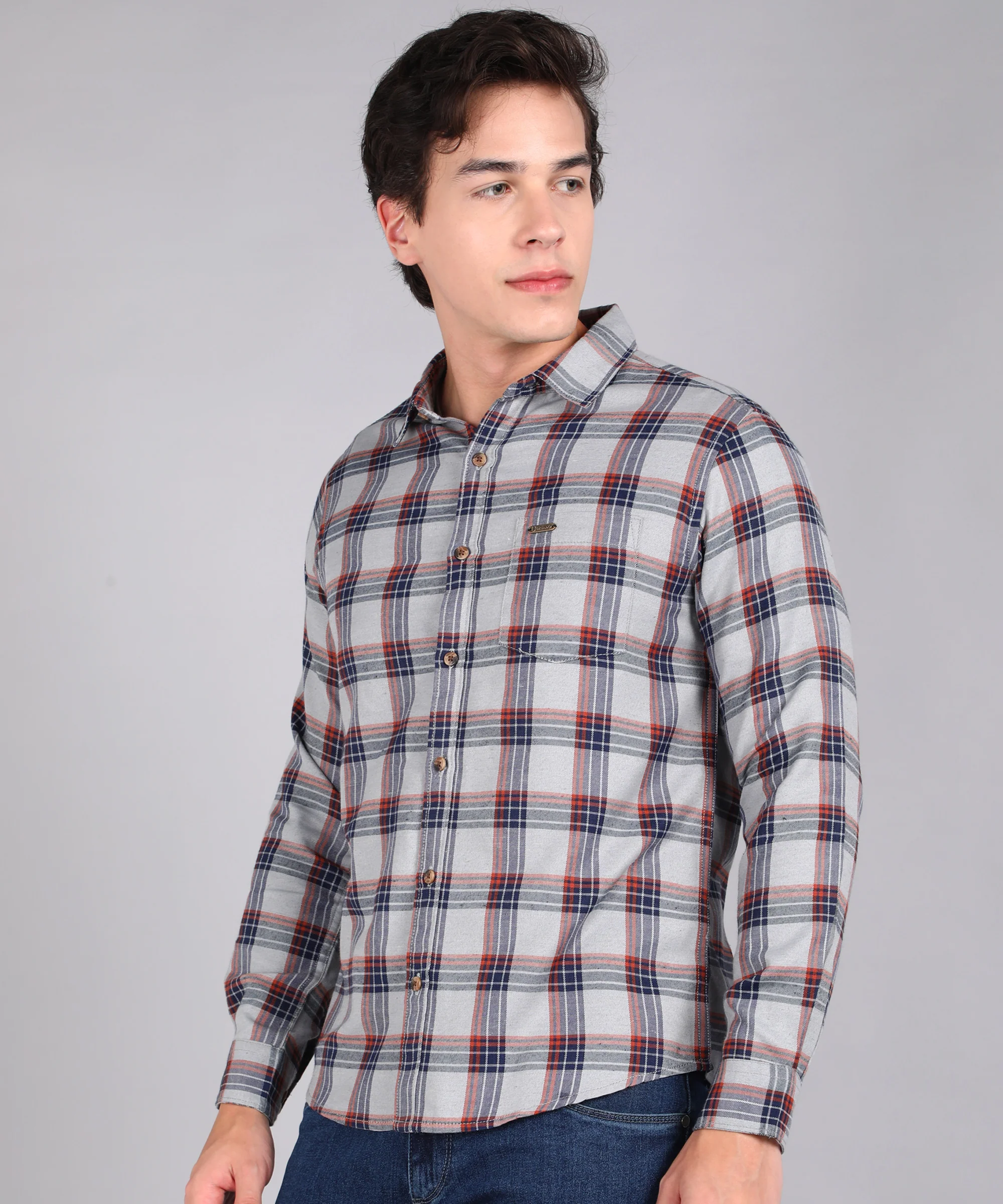 Men's Grey Cotton Full Sleeve Slim Fit Casual Checkered Shirt - Image 2