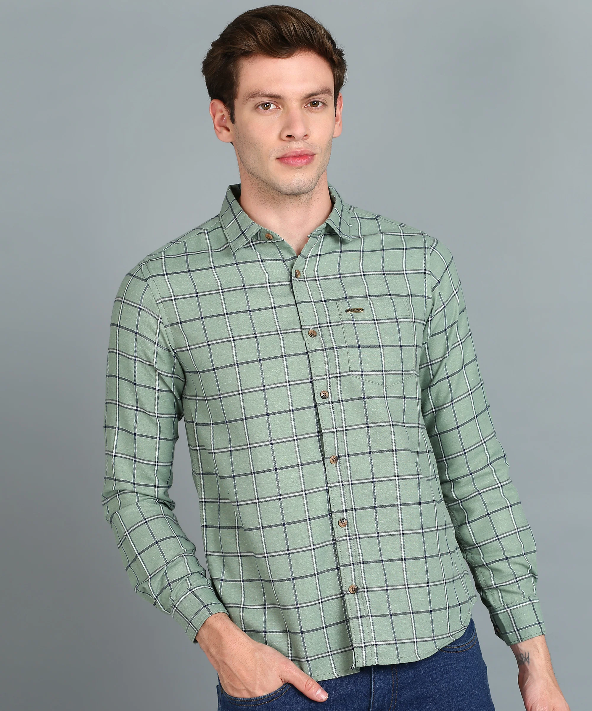 Men's Grey Cotton Full Sleeve Slim Fit Casual Checkered Shirt