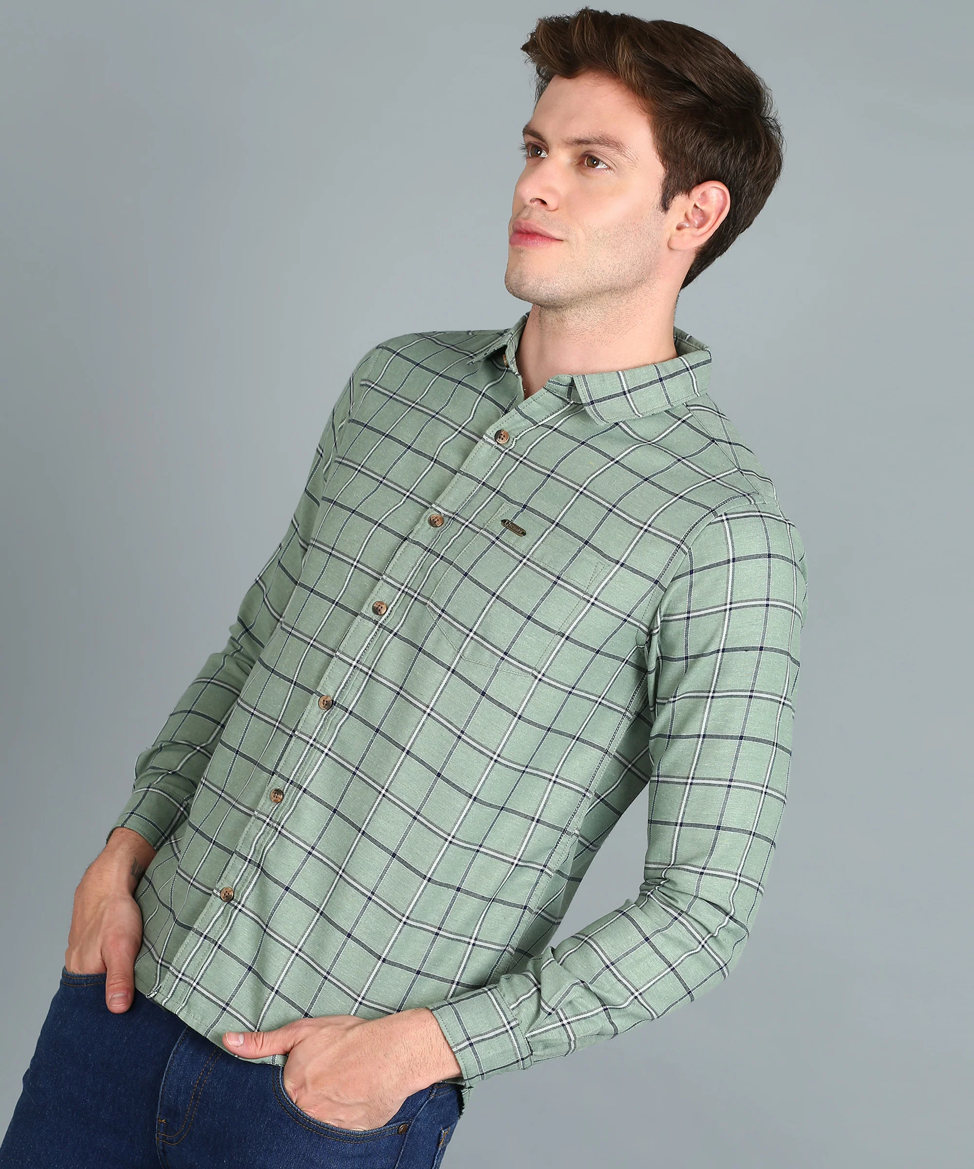 Men's Grey Cotton Full Sleeve Slim Fit Casual Checkered Shirt - Image 2