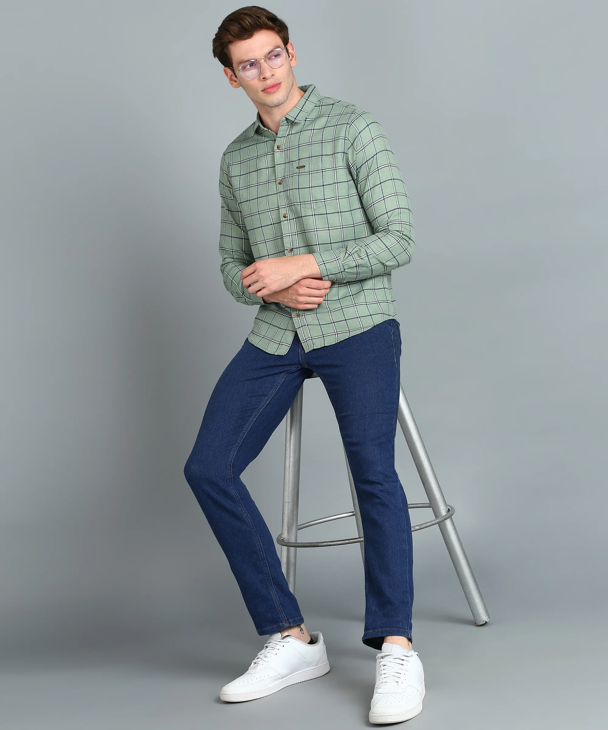 Men's Grey Cotton Full Sleeve Slim Fit Casual Checkered Shirt - Image 4