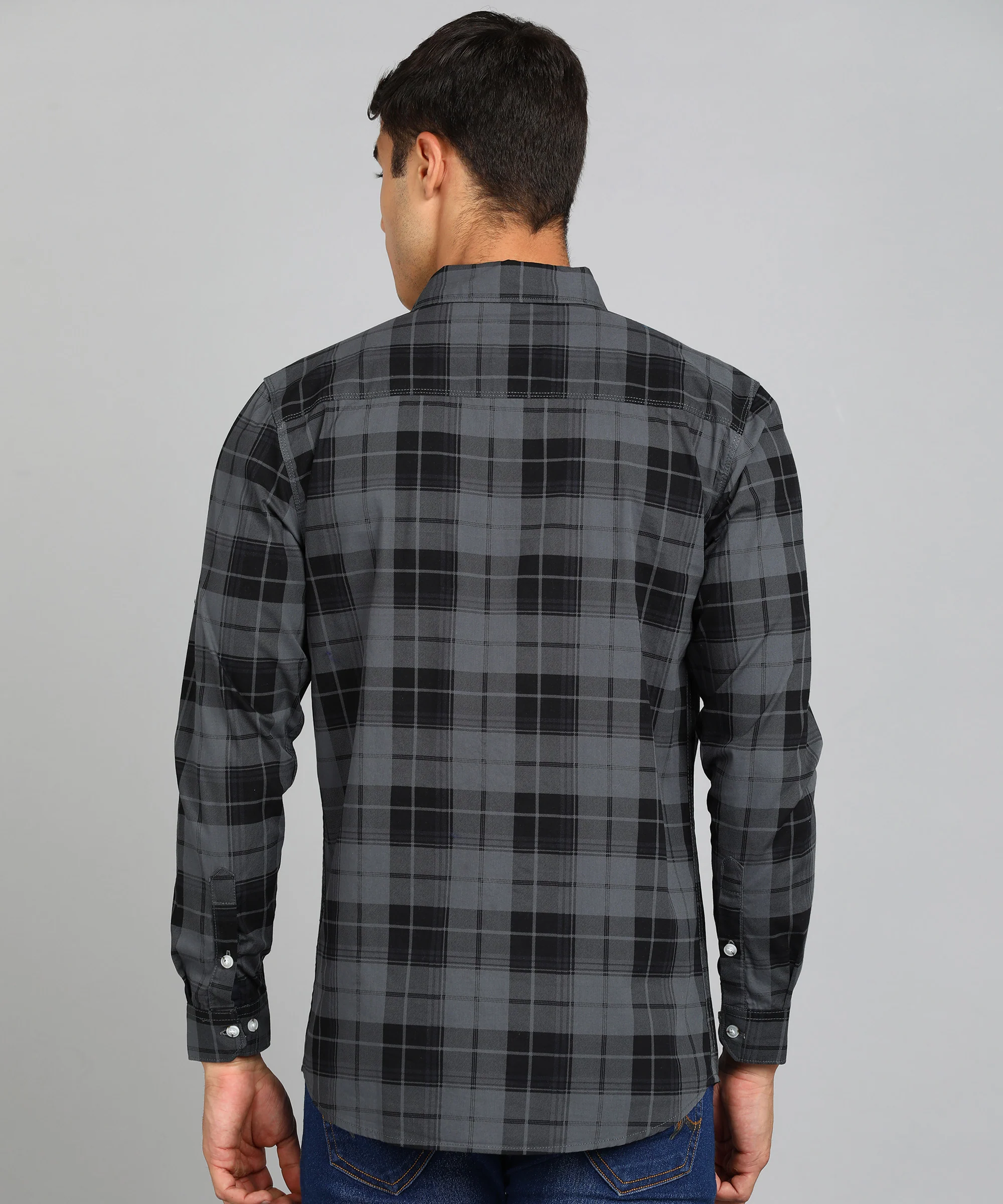Men's Grey Cotton Full Sleeve Slim Fit Casual Checkered Shirt - Image 3